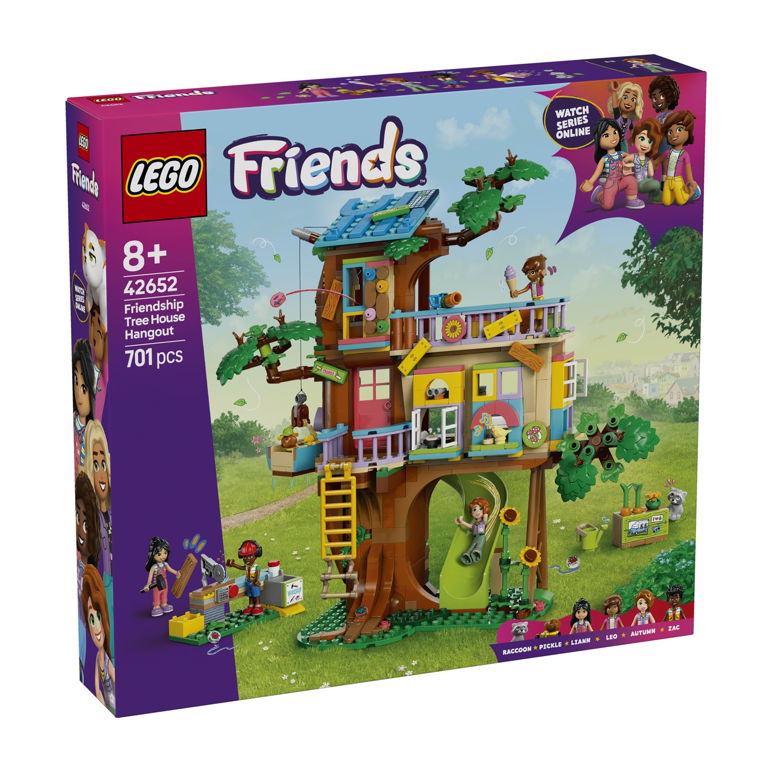 Scatola del set Lego Friends. Mostra una casa sull'albero con personaggi, uno scivolo e un laboratorio, su erba verde.