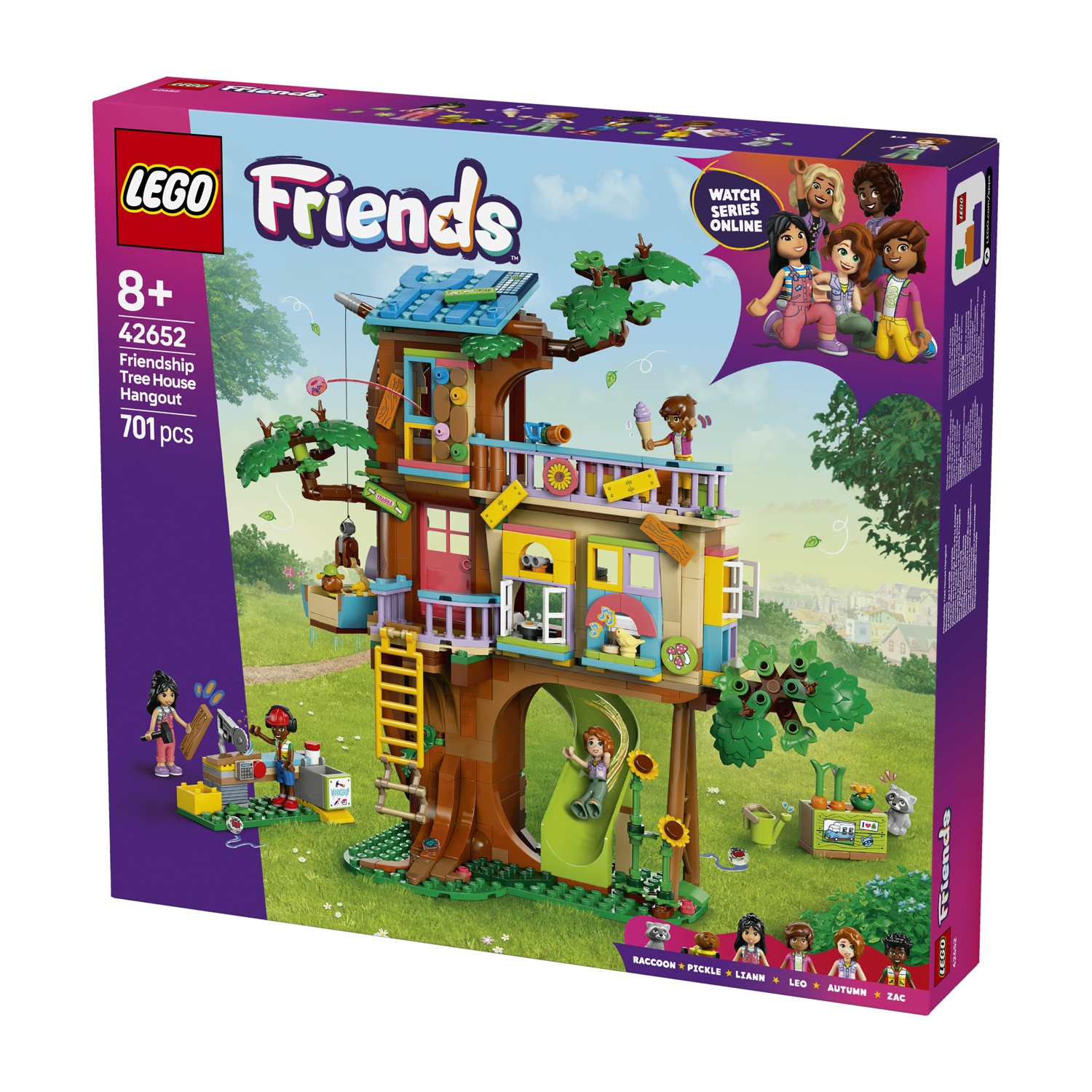 Scatola del set LEGO Friends della casa sull'albero. Mostra una casa sull'albero dettagliata, minifigure e il logo LEGO Friends.