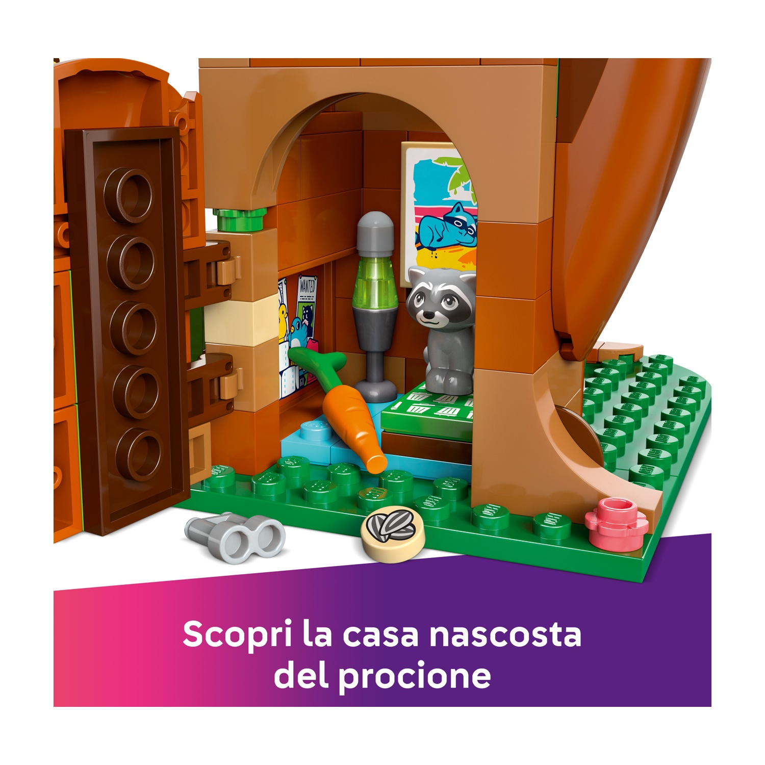 Una casa di procione Lego con una carota, un binocolo e un poster. Una figura di procione è sulla porta. La casa ha un design a tronco d'albero.
