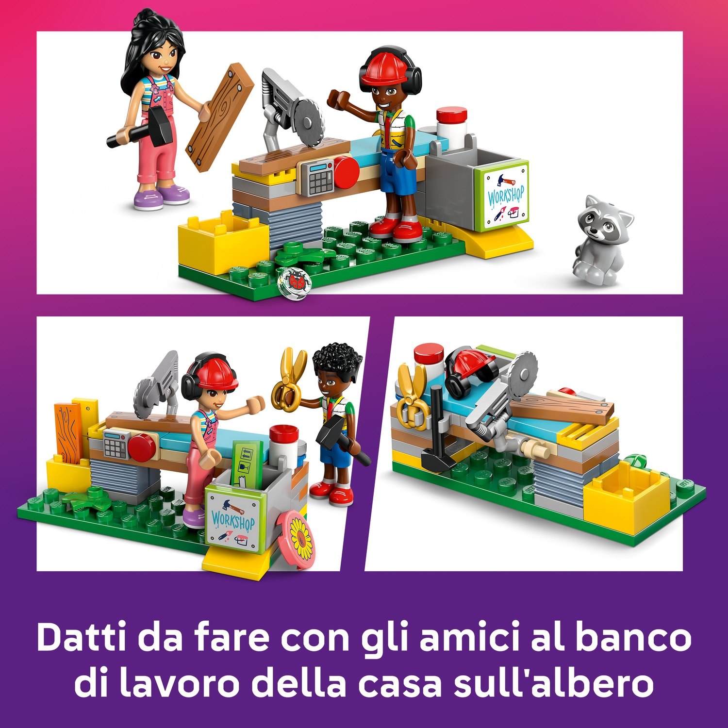 Set Lego con tre personaggi, attrezzi, insegna officina e un procione. I personaggi lavorano a un banco da lavoro. Colori: verde, giallo e blu.