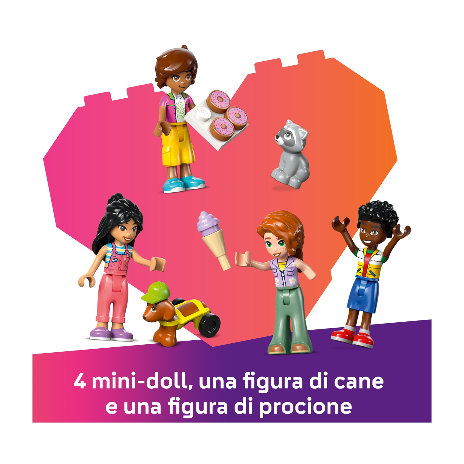 L'immagine presenta quattro mini-doll, una figura di cane con un carrello e una figura di procione. Lo sfondo ha una forma di cuore.