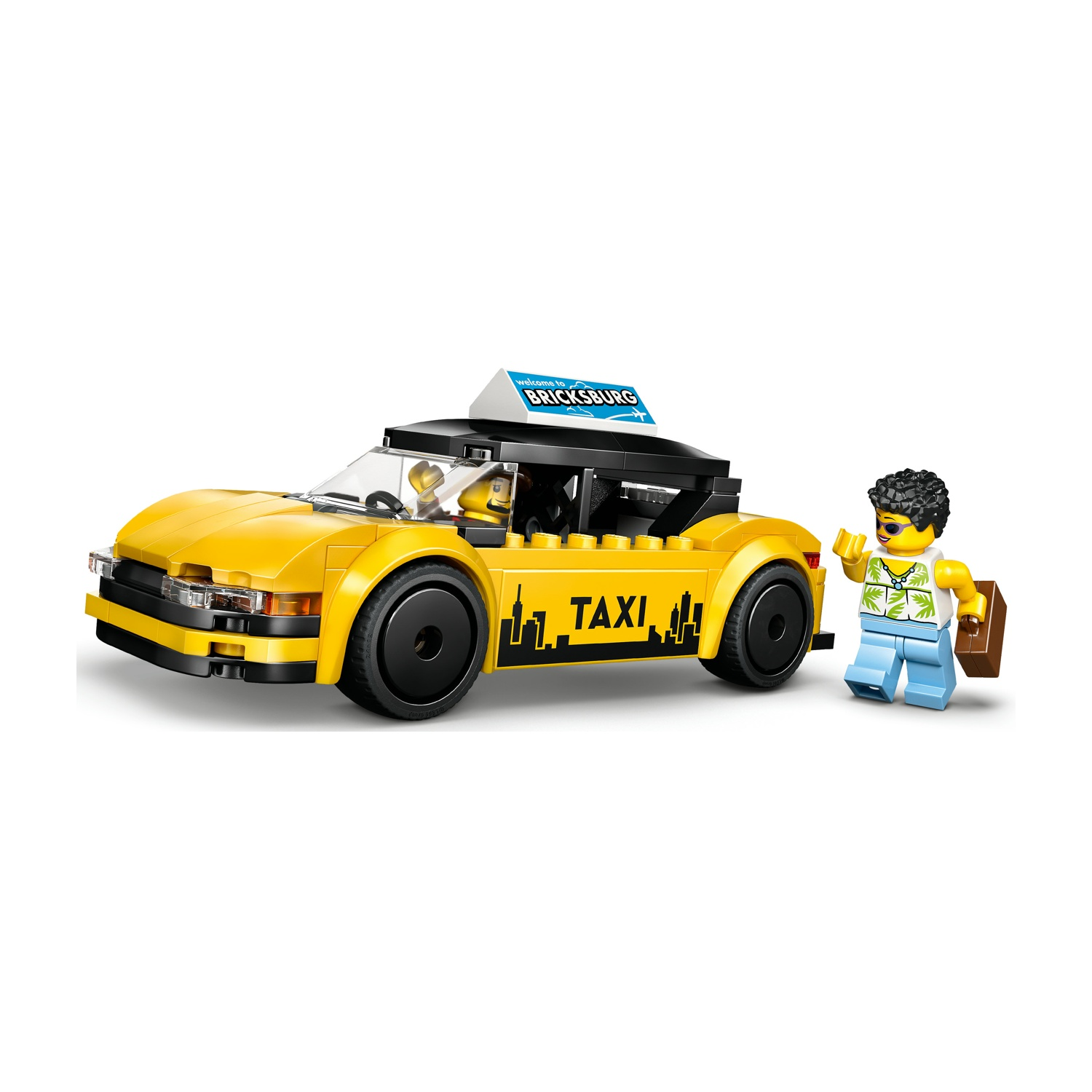Un taxi Lego giallo con tetto nero e cartello. Un personaggio Lego saluta. Una persona aspetta il taxi.