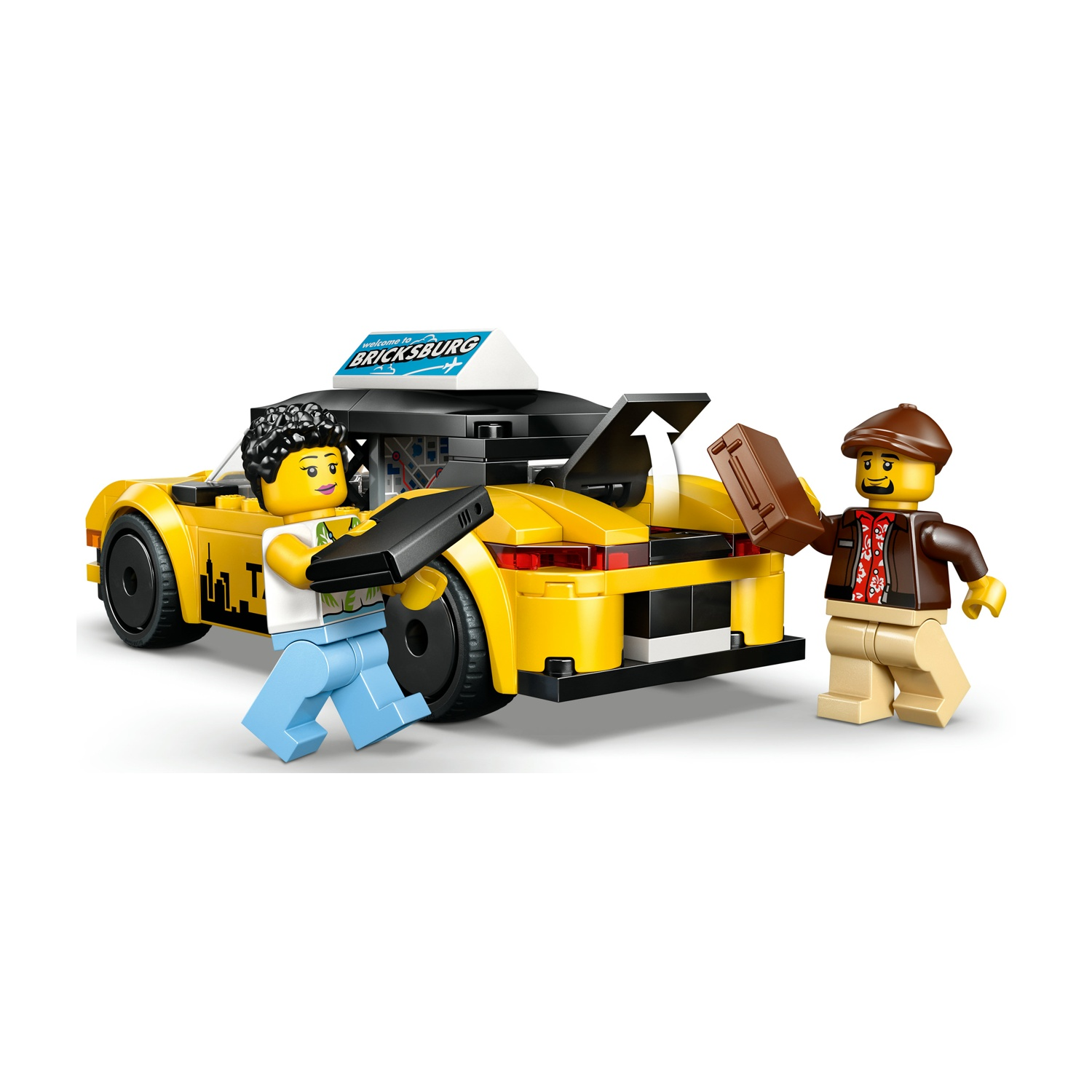 Un taxi Lego giallo con un cartello Bricksburg. Due personaggi Lego, uno con un dispositivo, l'altro con una valigia, sono vicini.