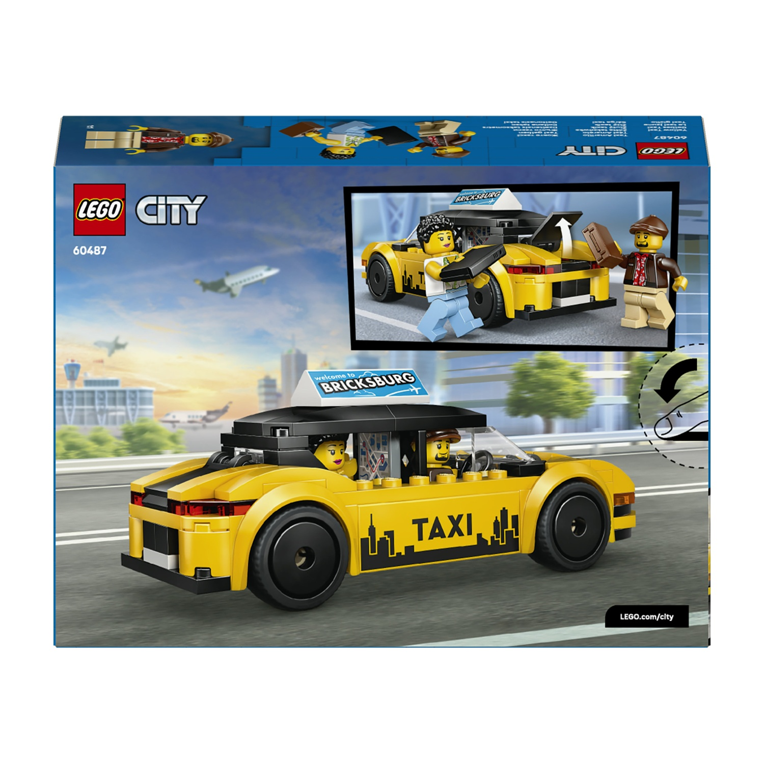 Una scatola del set taxi Lego City. Viene mostrato un taxi giallo con dettagli neri e un cartello taxi in alto. Include personaggi Lego.