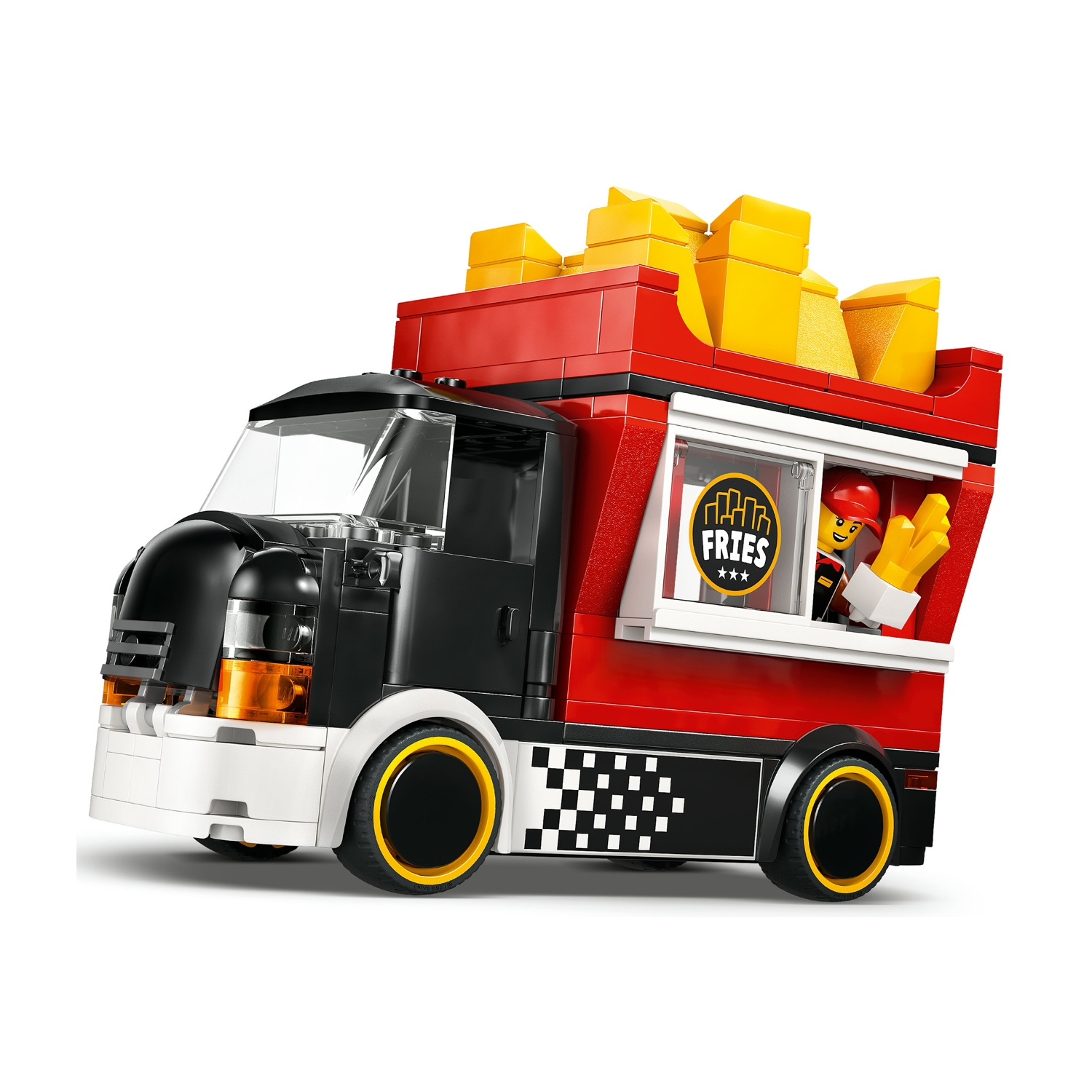 Un camioncino di patatine fritte Lego con carrozzeria rossa, parte anteriore nera e grandi patatine fritte sopra. Un personaggio Lego serve patatine fritte.