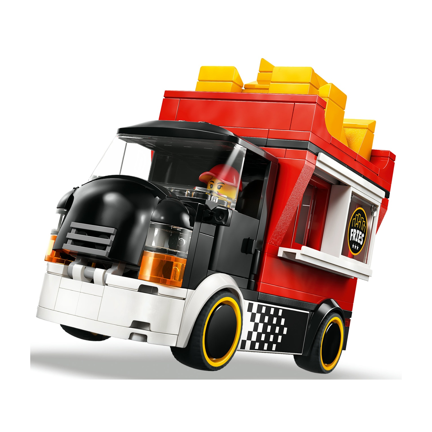 Un furgone Lego con un design nero e rosso. Ha un cartello delle patatine fritte, blocchi gialli sopra e un conducente.
