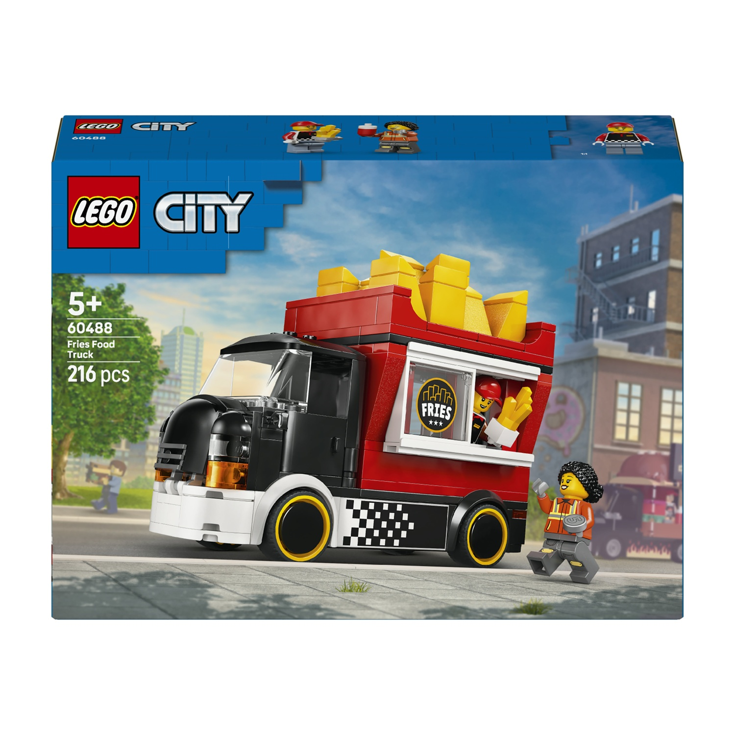 Lego City Food Truck di patatine fritte. Camion rosso con patatine sopra. Due personaggi Lego.