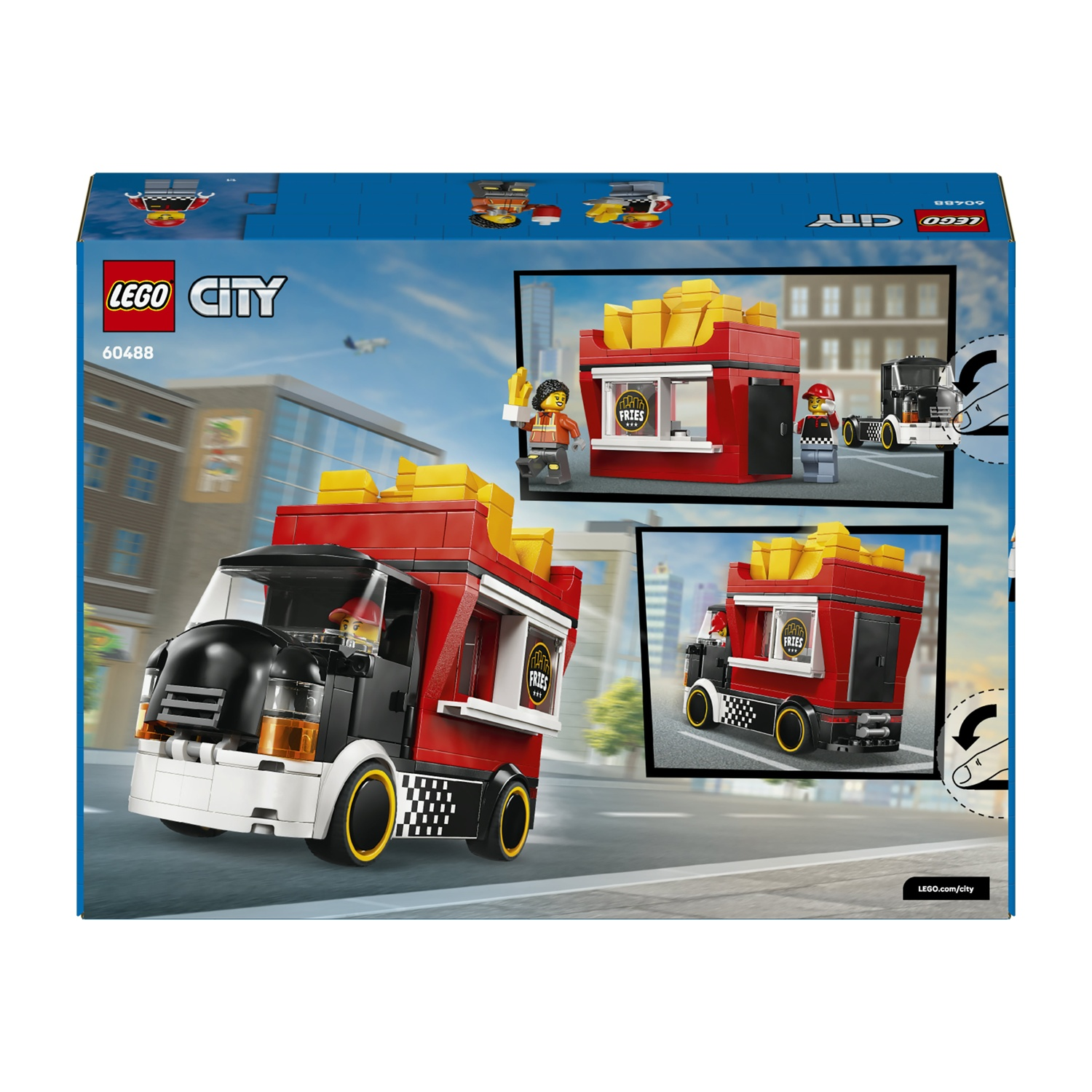 Scatola del set Lego City. Presenta un camioncino rosso e nero che vende patatine fritte. Include minifigure e uno sfondo cittadino.