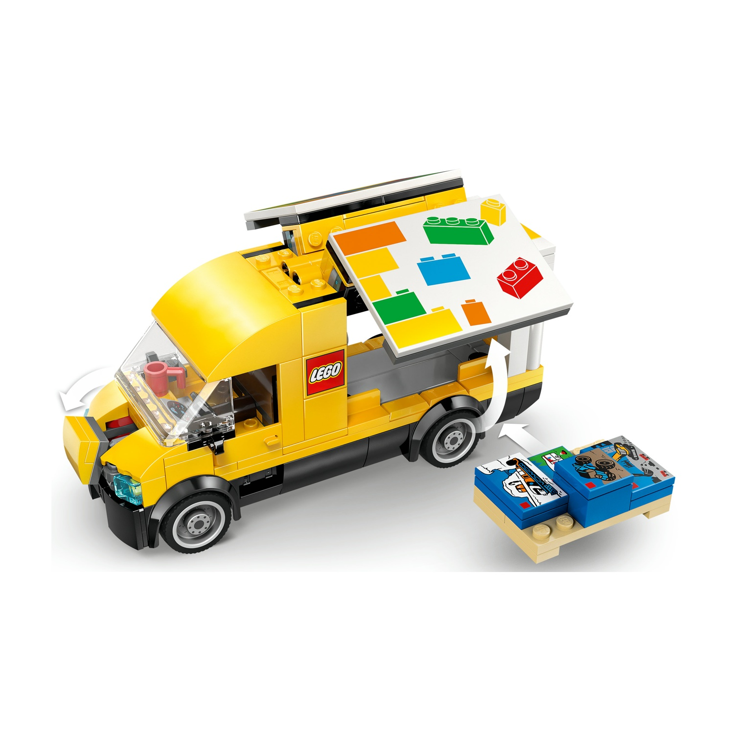 Un furgone Lego giallo con tetto colorato e piattaforma blu rimovibile, su sfondo bianco.