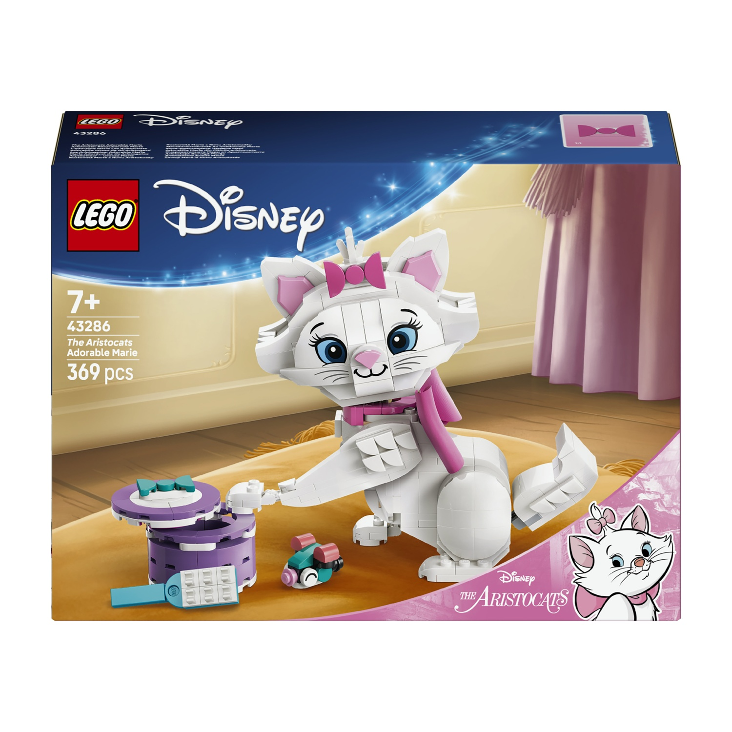 Set LEGO Disney. La figura di Marie degli Aristogatti fatta di blocchi, con accessori. L'immagine della scatola mostra la figura e il logo.