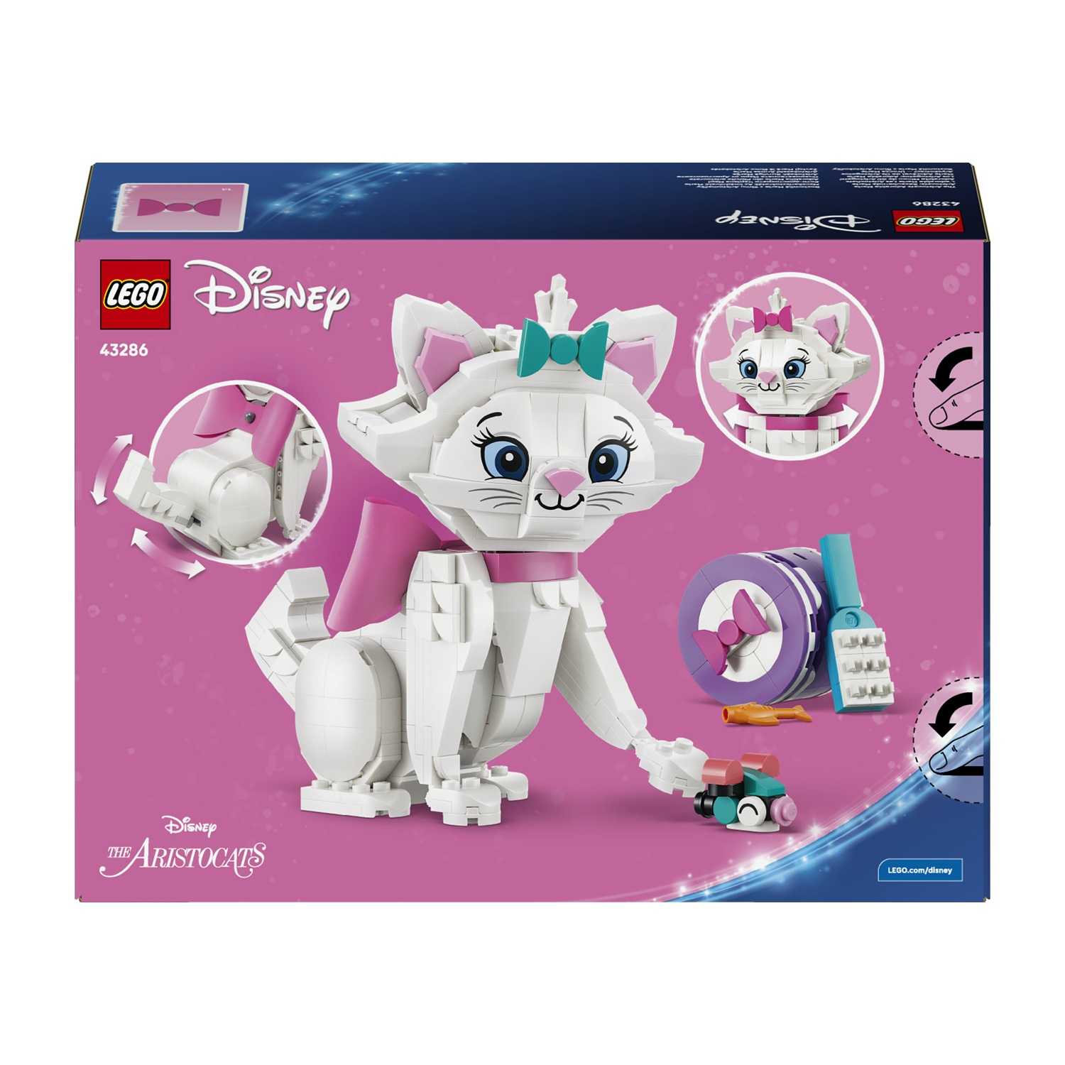 La scatola di un set LEGO Disney con Marie de Gli Aristogatti. Marie è bianca con dettagli rosa e un fiocco turchese.