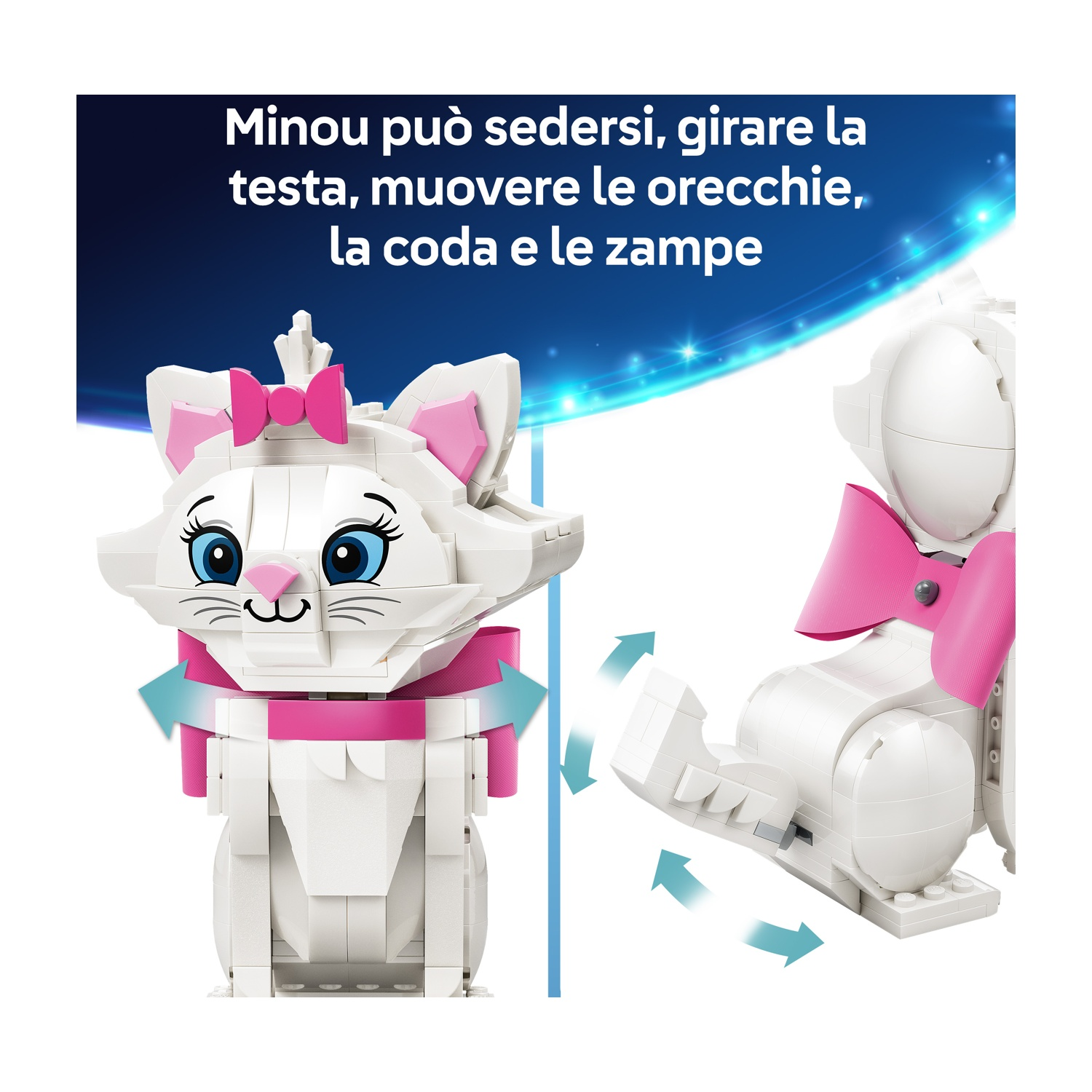 Un gatto bianco fatto di blocchi, con fiocco e orecchie rosa, può muovere testa, orecchie, coda e zampe. Le frecce indicano il movimento.