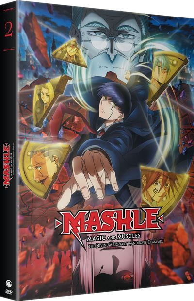 Anime DVD-hoes met karakterillustraties en de titel 'Mashle: Magic and Muscles'. Toont een centrale figuur met donker haar.