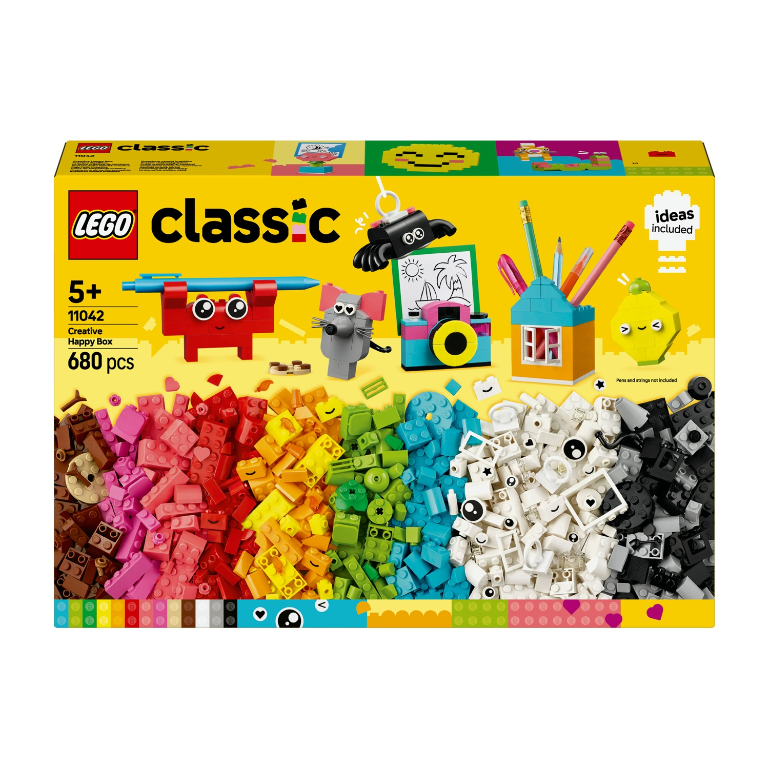 Scatola del set Lego Classic. Contiene mattoncini colorati, una figura rossa, un topo grigio, una fotocamera, matite e una casa.