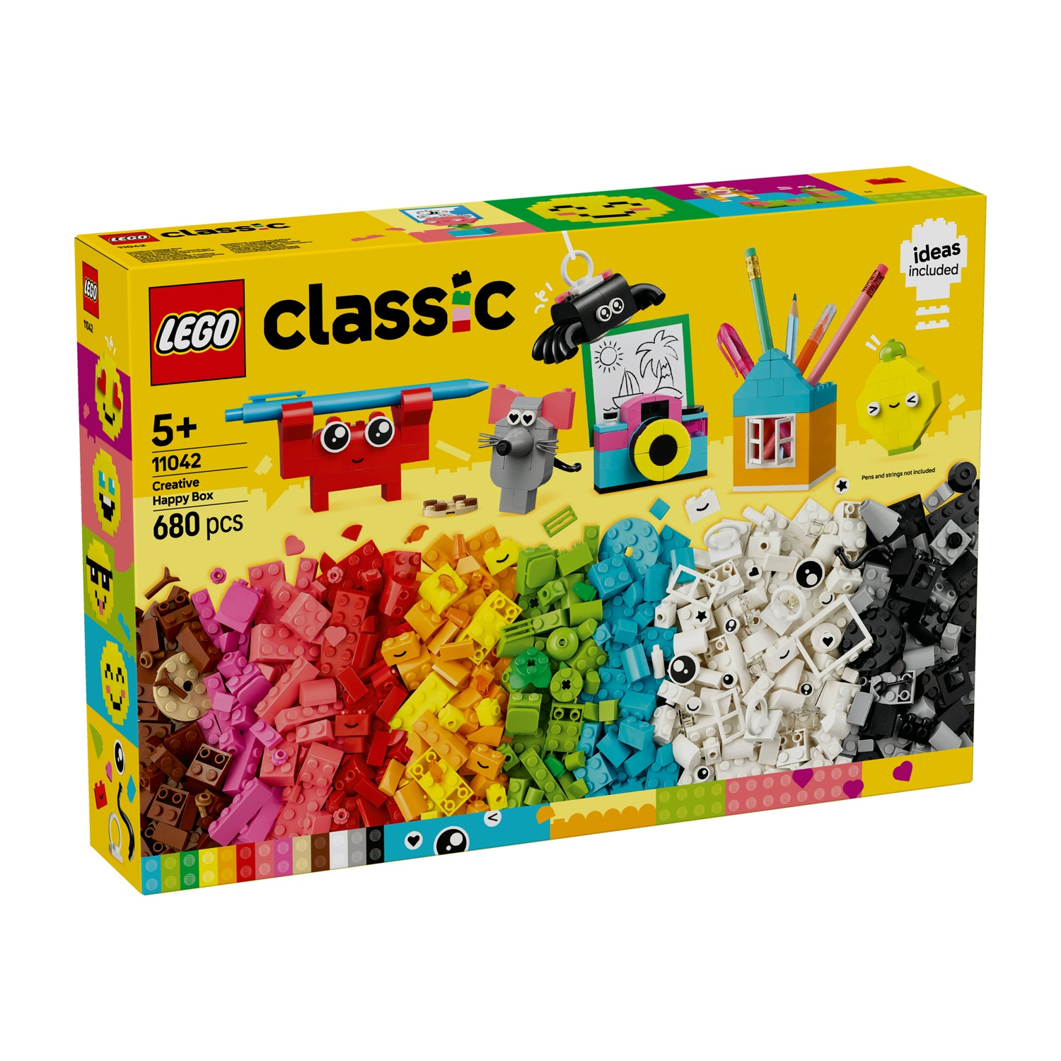 Una scatola Lego Classic Happy con mattoncini colorati e modelli Lego come un'auto rossa, un topo, una fotocamera e una casa.