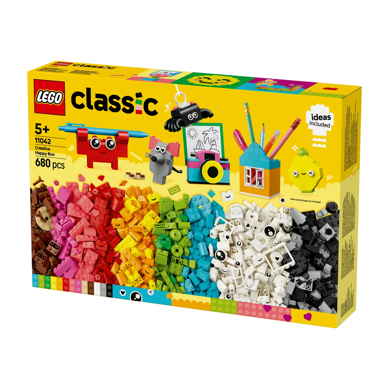 Scatola LEGO Classic. Contiene blocchi colorati e esempi di oggetti costruiti con essi. Include una creatura rossa, un topo e una fotocamera.