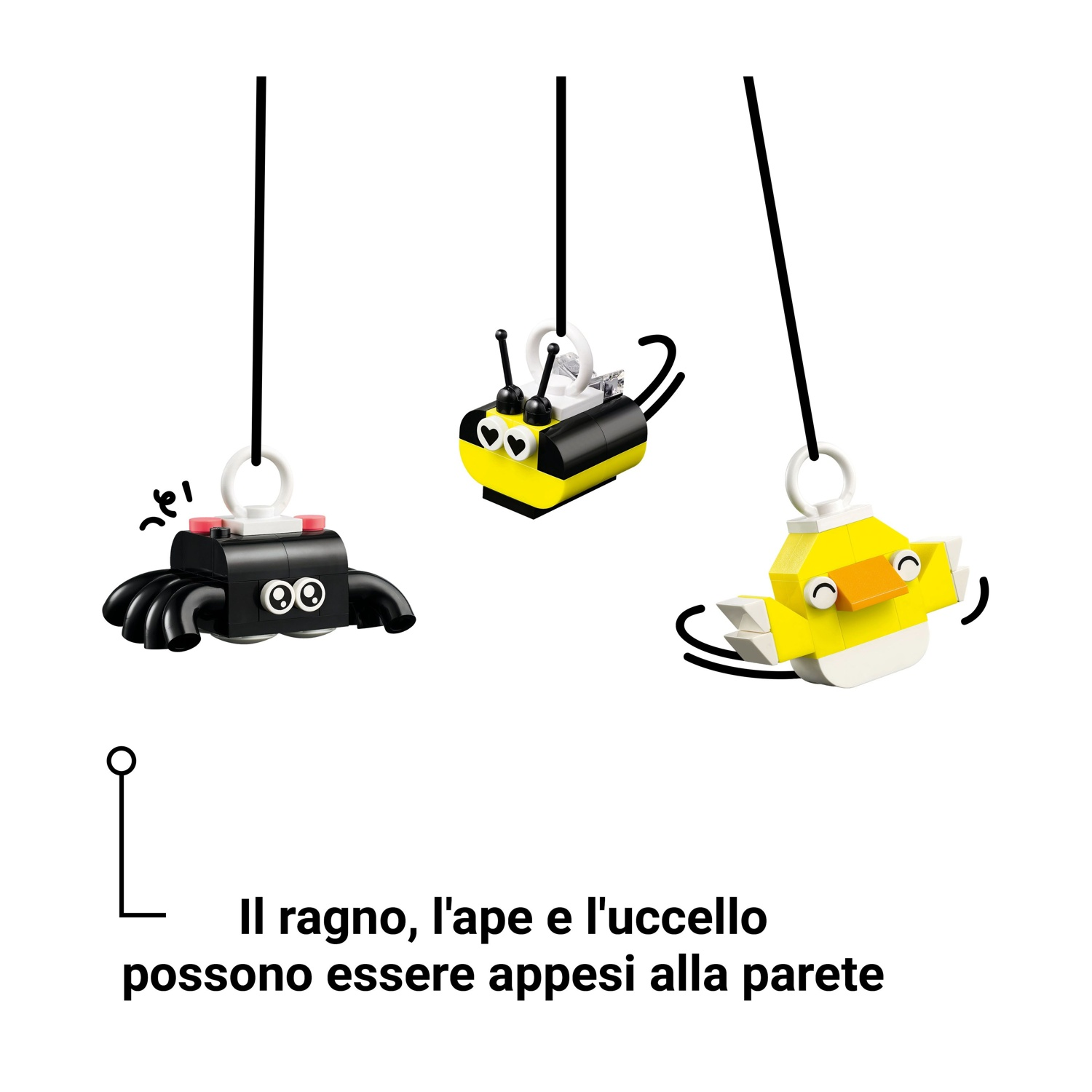 Tre personaggi Lego: un ragno nero, un'ape gialla e un uccello giallo, appesi a delle corde. Il testo dice che possono essere appesi al muro.