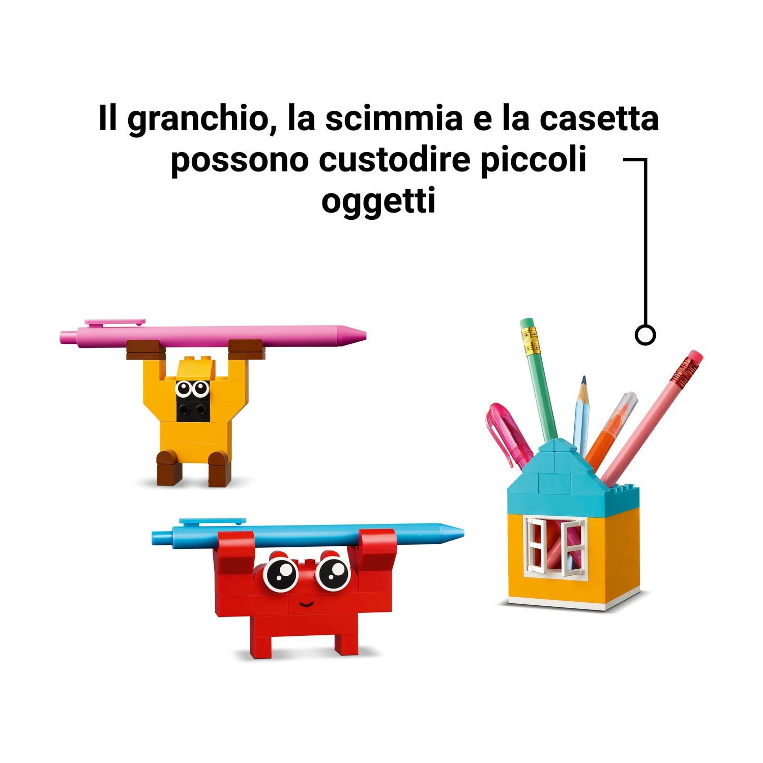 L'immagine mostra personaggi giocattolo che tengono penne. Un personaggio giallo tiene una penna rosa, un personaggio rosso tiene una penna blu. Una casa ha delle matite.