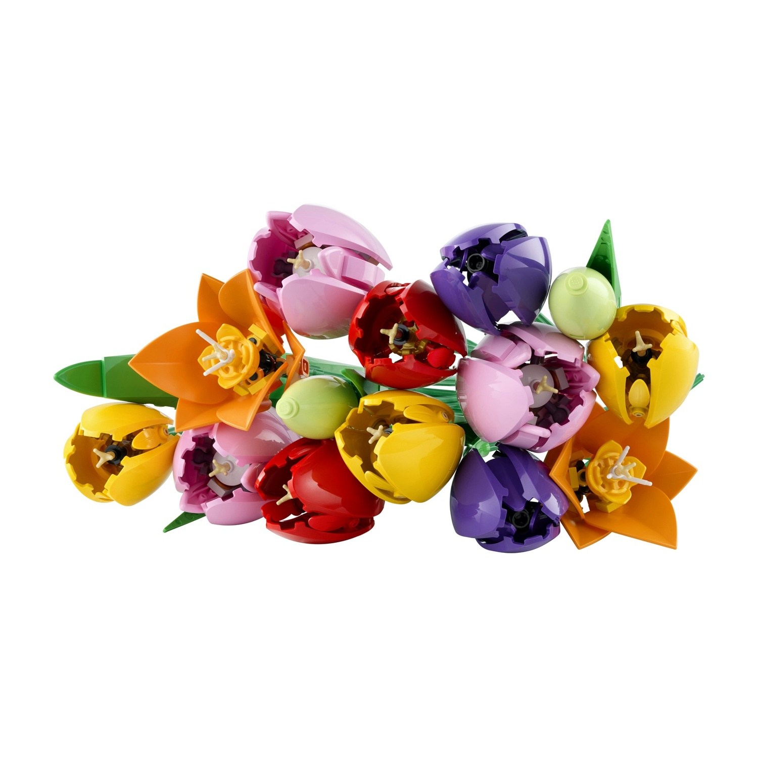 Un bouquet di tulipani Lego colorati, tra cui arancione, giallo, rosa, rosso e viola. Foglie e steli verdi completano l'arrangiamento.