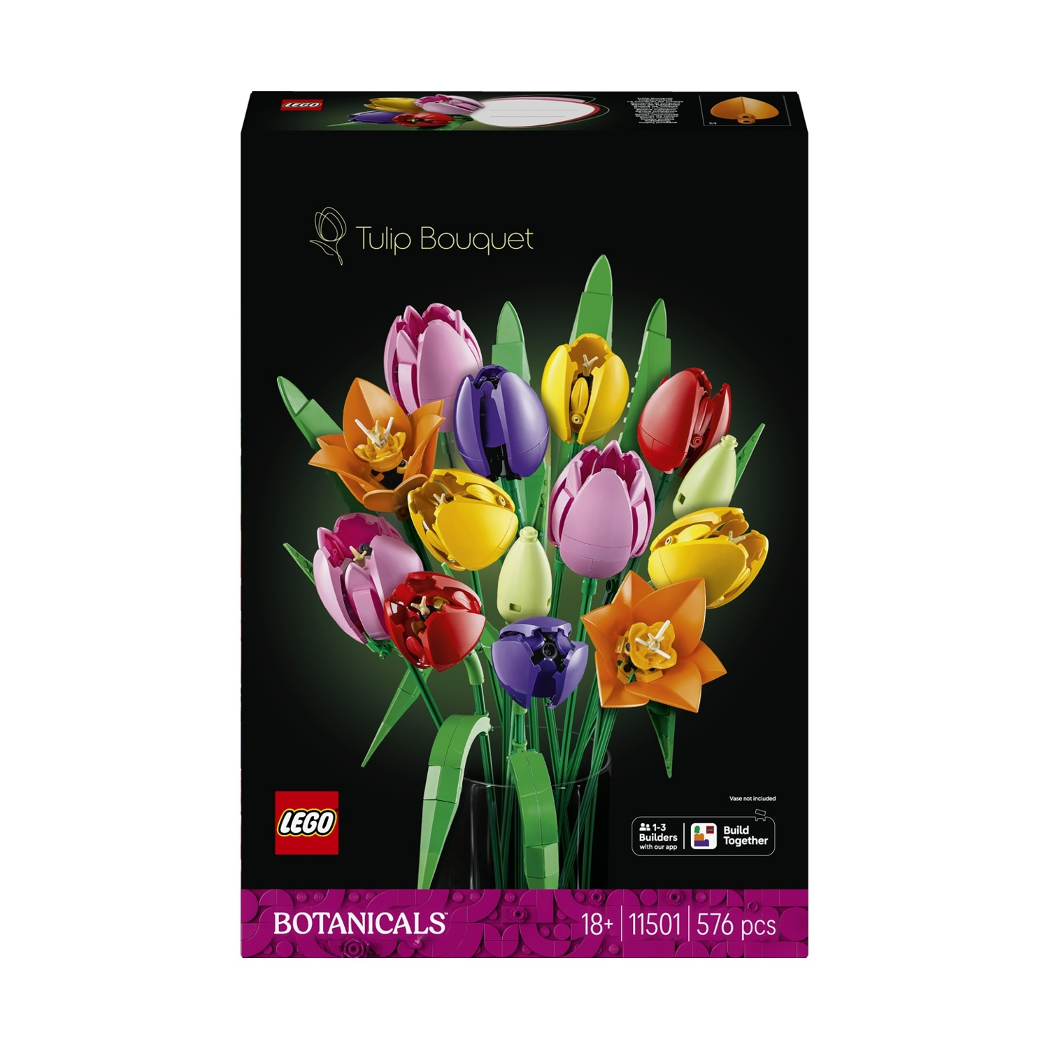 Una scatola Lego mostra un bouquet di tulipani con fiori rosa, gialli, arancioni, viola e rossi. Sulla scatola c'è scritto 'Tulip Bouquet' e 'Botanicals'.