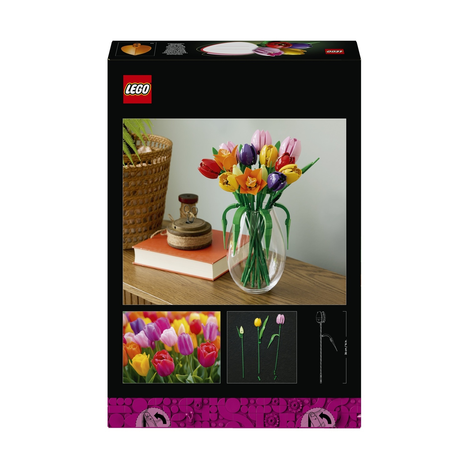 Una scatola Lego mostra un bouquet di tulipani colorati in un vaso di vetro. Include immagini più piccole di tulipani e diagrammi degli steli.