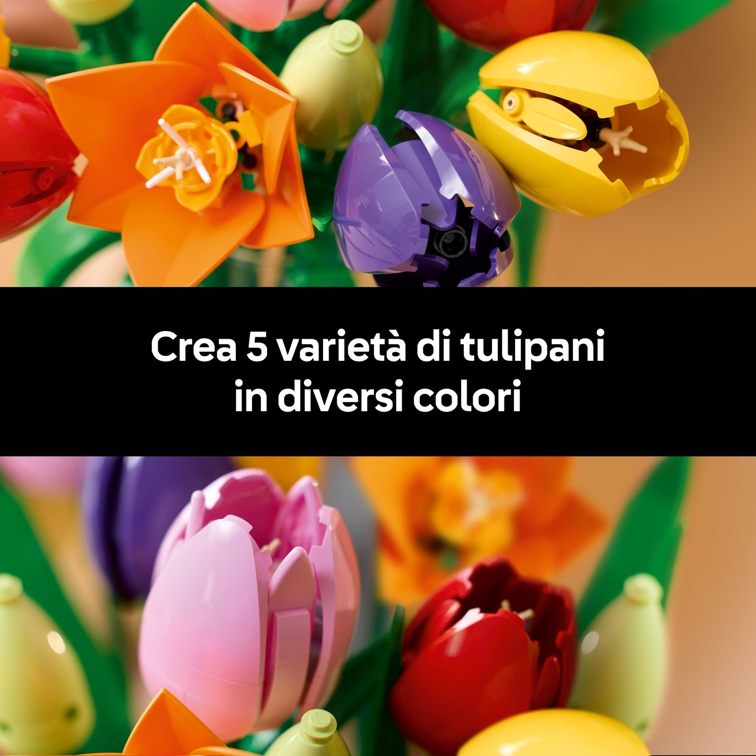 Tulipani Lego colorati arancioni, gialli, rosa, rossi e viola, disposti con steli e boccioli verdi, su sfondo marrone.