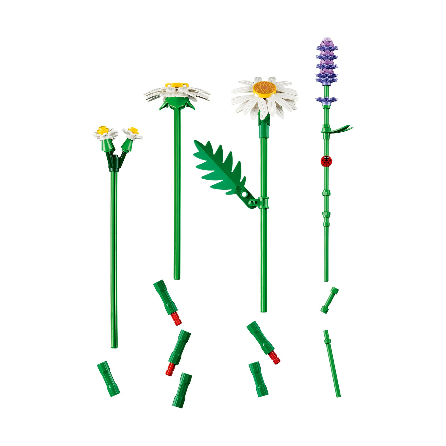 L'immagine mostra fiori Lego: margherite e lavanda, con steli e foglie verdi. Diversi pezzi Lego verdi e rossi sono sparsi.