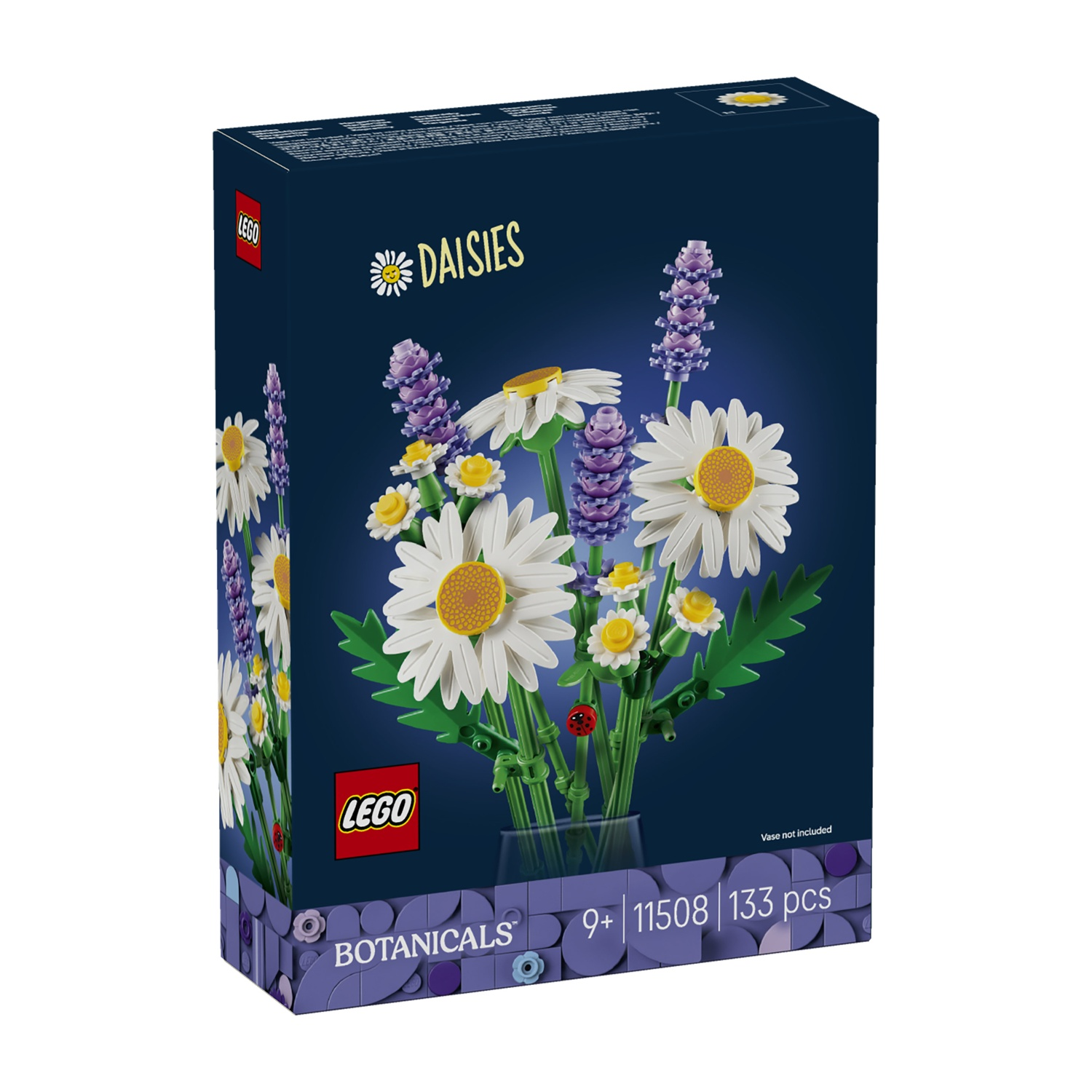 Una scatola LEGO con un bouquet di margherite. La scatola mostra margherite bianche, lavanda viola e steli verdi su uno sfondo blu scuro.