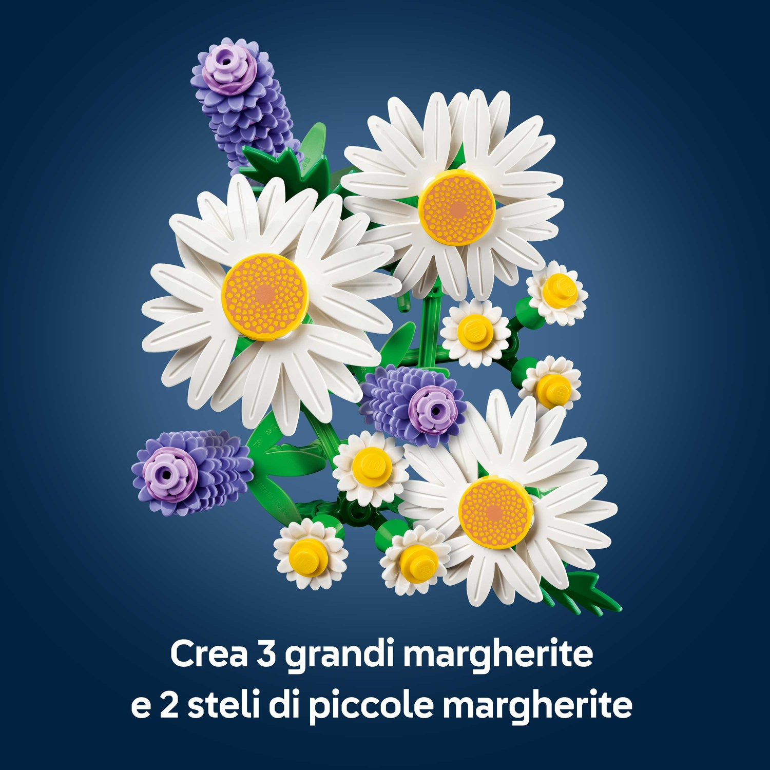 L'immagine presenta fiori Lego: margherite bianche, lavanda viola e piccoli fiori con centro giallo, con uno sfondo blu scuro.