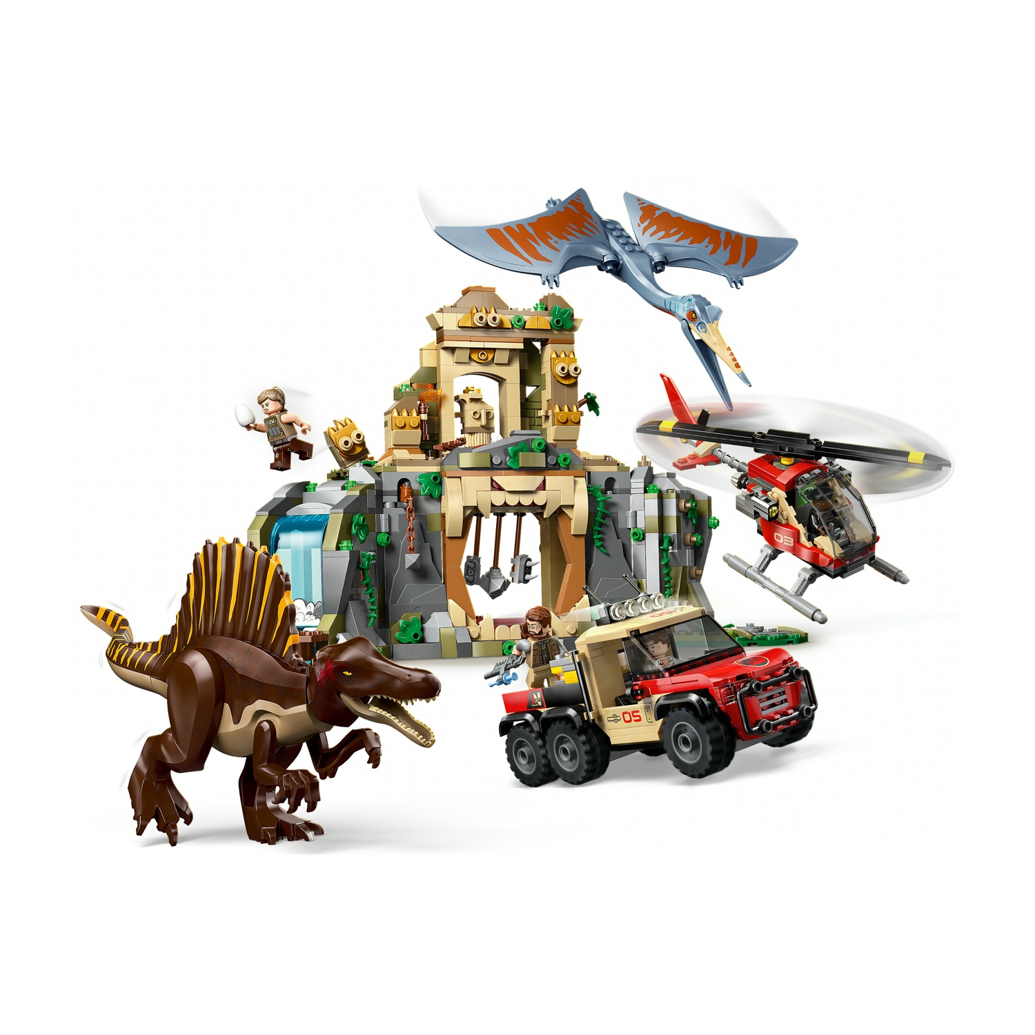 Una scena del set Lego presenta uno Spinosauro, un Pterodattilo, un elicottero, un camion e una struttura a forma di tempio con minifigure.