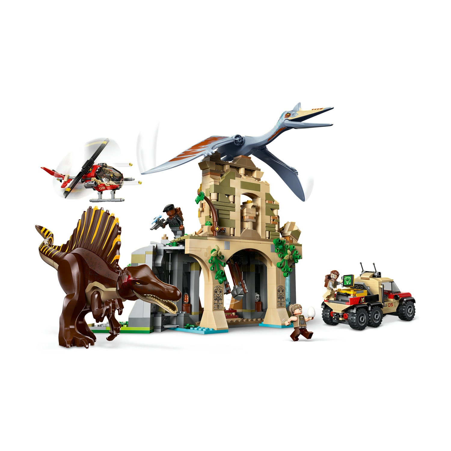 Set Lego raffigurante una scena di dinosauri con un dinosauro marrone, un elicottero e un'auto vicino a un edificio con uno pterosauro che vola.
