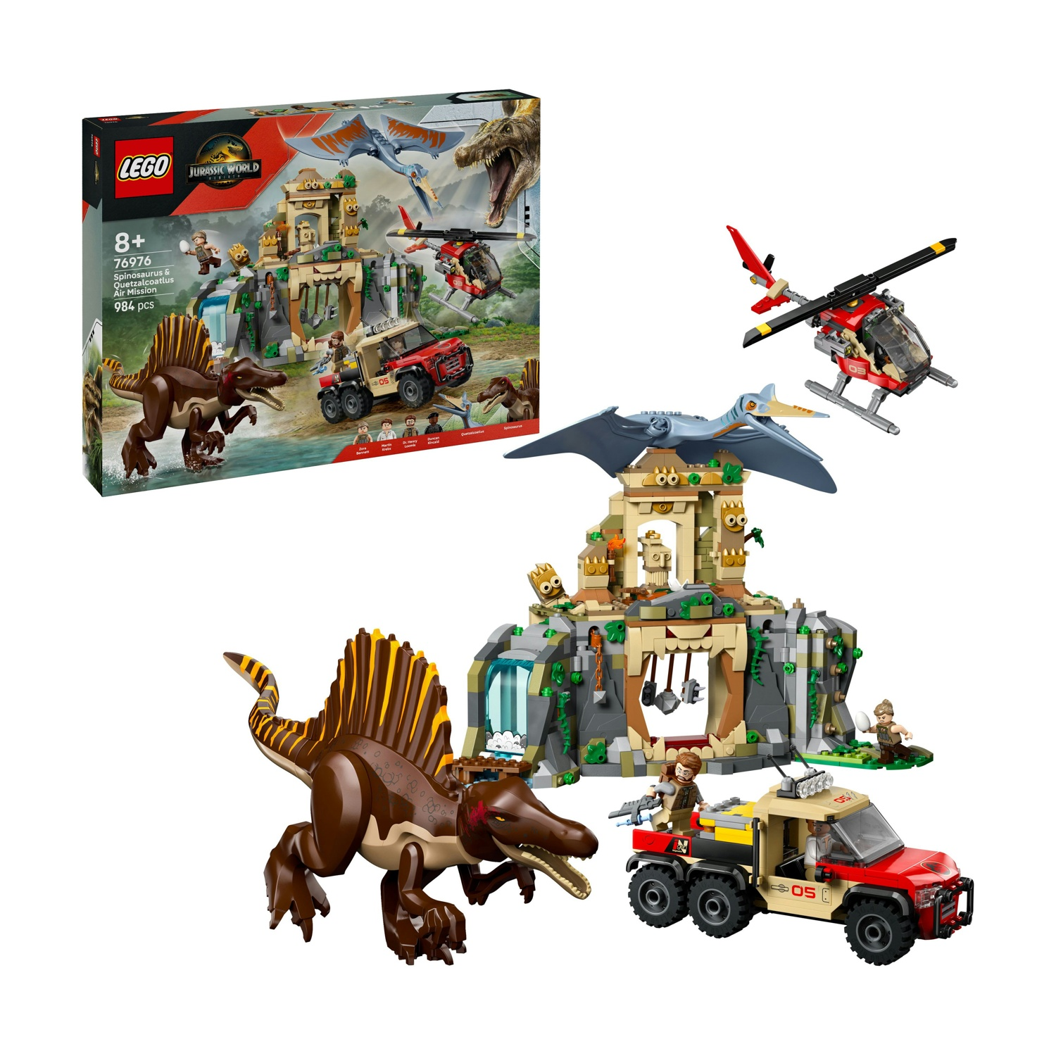 Set Lego Jurassic World con Spinosaurus, Quetzalcoatlus, elicottero e veicolo. Include una struttura a tema giungla.