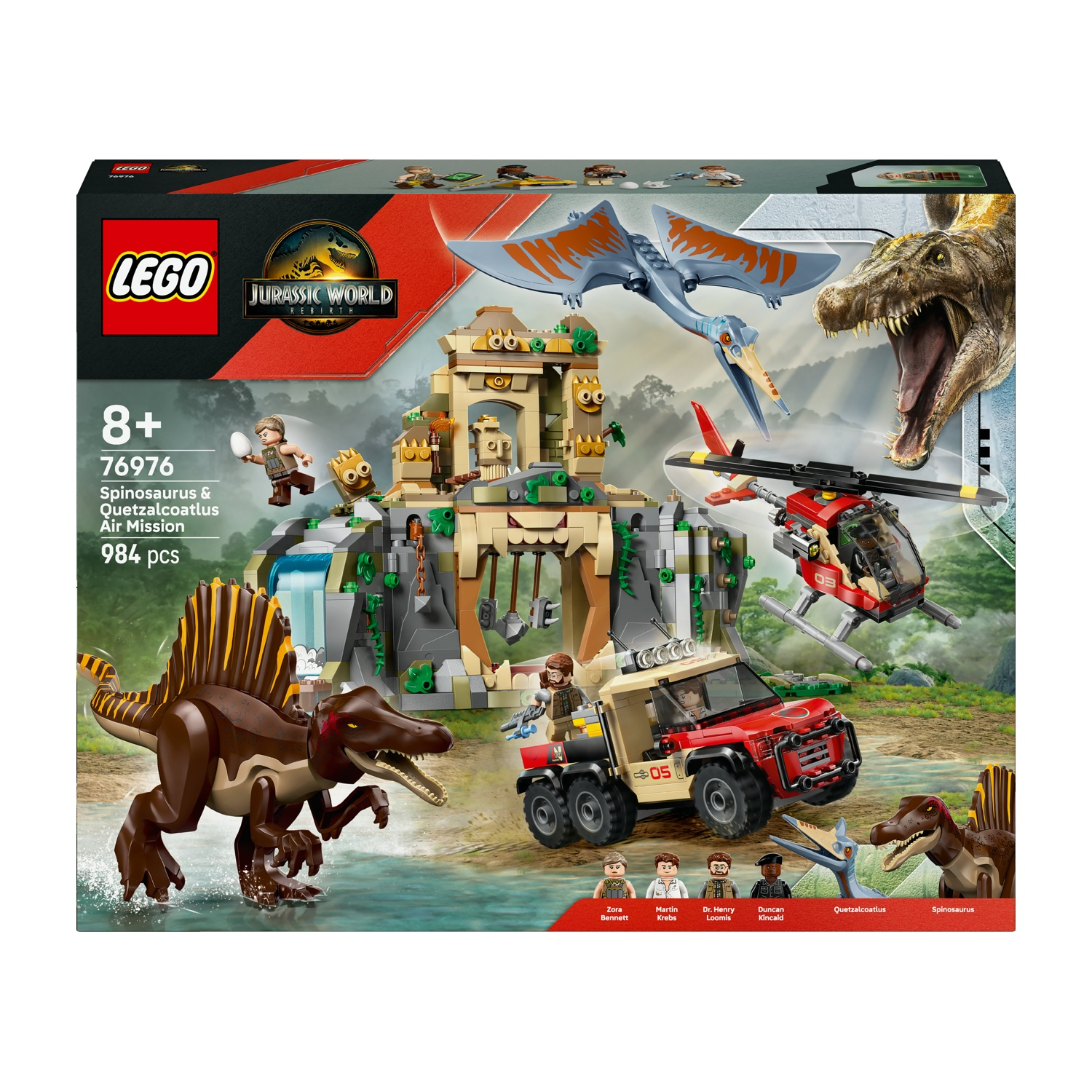 Set Lego Jurassic World. Sono presenti uno Spinosauro e un Quetzalcoatlus. Anche un elicottero, un'auto e personaggi Lego.