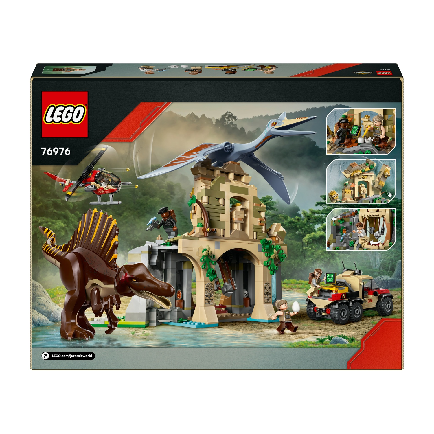 Set Lego Jurassic World. Include un dinosauro, una creatura volante, un elicottero e una jeep. La scena è ambientata in una giungla.