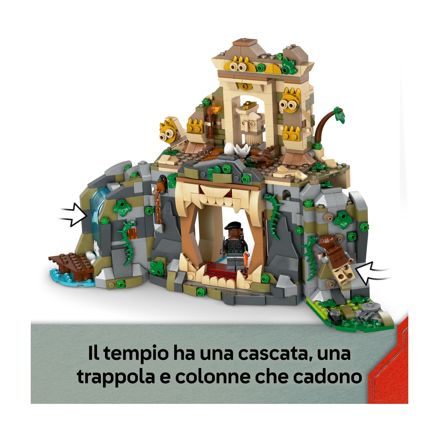 Set tempio Lego con cascata, trappola e colonne che cadono. Include una minifigure all'interno del tempio.