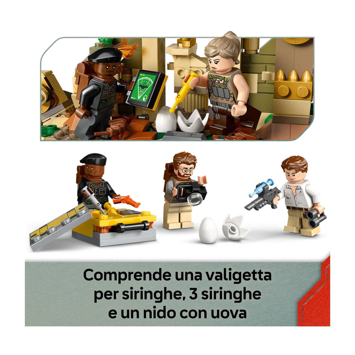 Set Lego con minifigure e accessori. Include un personaggio nero con un dispositivo, una donna con un attrezzo e un uovo rotto.