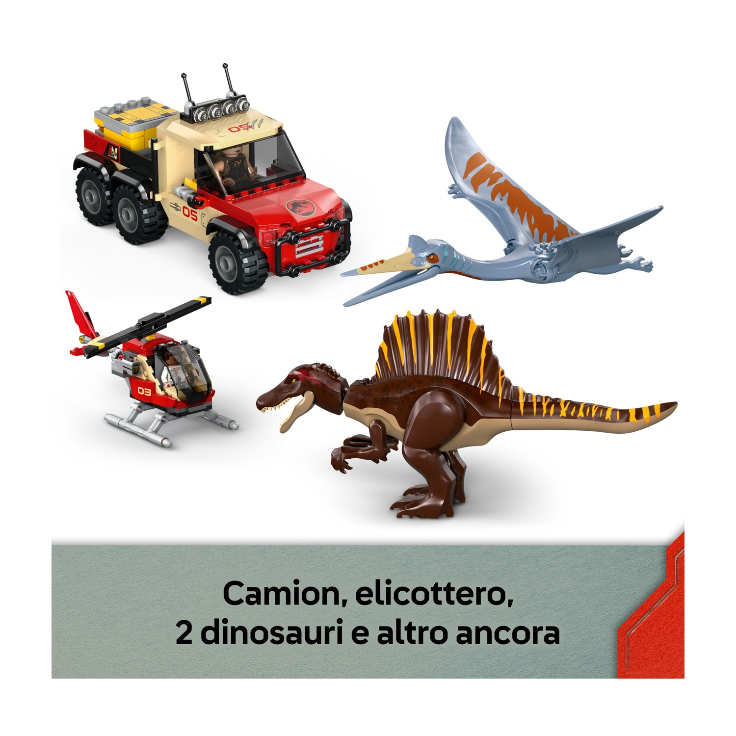 L'immagine presenta un camion rosso e beige, un elicottero rosso, un pterodattilo e un dinosauro Spinosauro. Sfondo bianco.