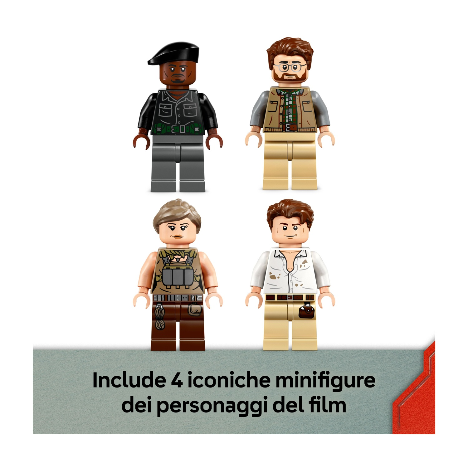 Quattro minifigure Lego: un uomo con berretto, un uomo con occhiali, una donna con gilet e un uomo con camicia bianca. Testo in basso.