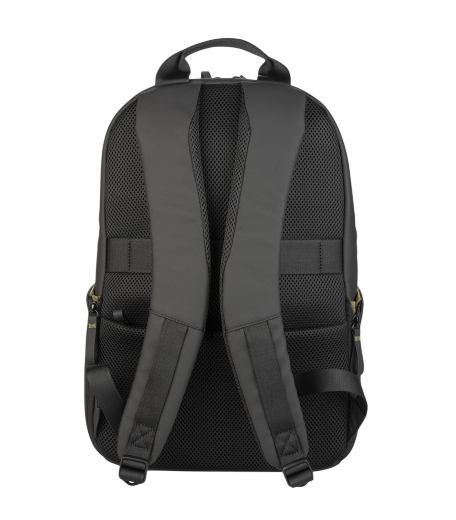 Schwarzer Rucksack auf schwarzem Hintergrund. Er hat Schultergurte, einen Griff und eine Rückenpartie aus Netzstoff. Reißverschlüsse sind sichtbar.