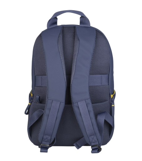 Marineblauer Rucksack vor schwarzem Hintergrund. Er hat Mesh-Rückenpolsterung, verstellbare Träger und einen oberen Griff. Gelbe Akzente sind sichtbar.