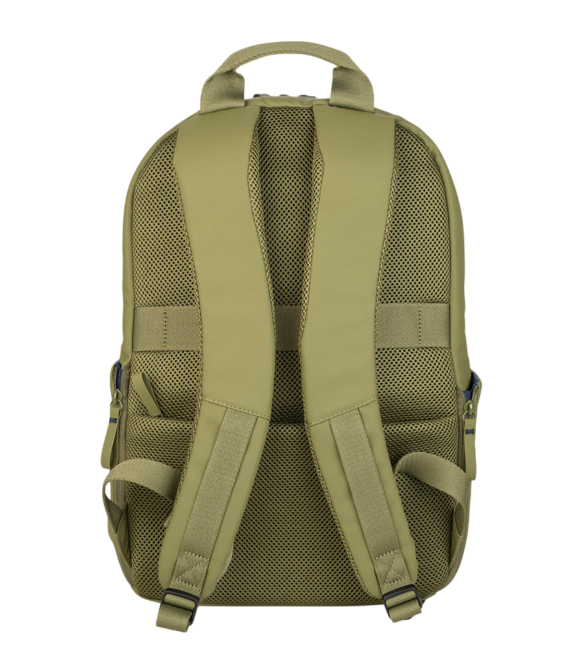 Olivgrüner Rucksack mit gepolstertem Rücken und Schultergurten, Mesh-Details und einem oberen Griff. Vor schwarzem Hintergrund.