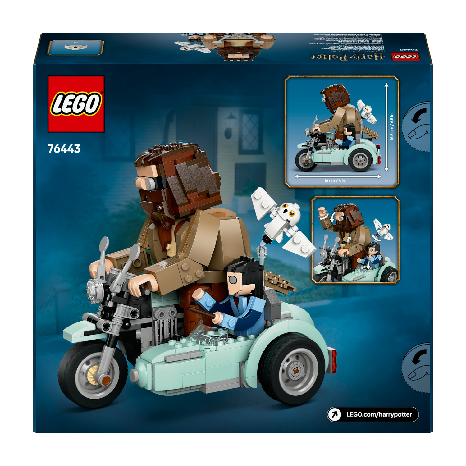 Set LEGO Harry Potter. Presenta una moto azzurra con sidecar, personaggi e un gufo bianco. La scatola ha il logo LEGO e il numero set 76443.