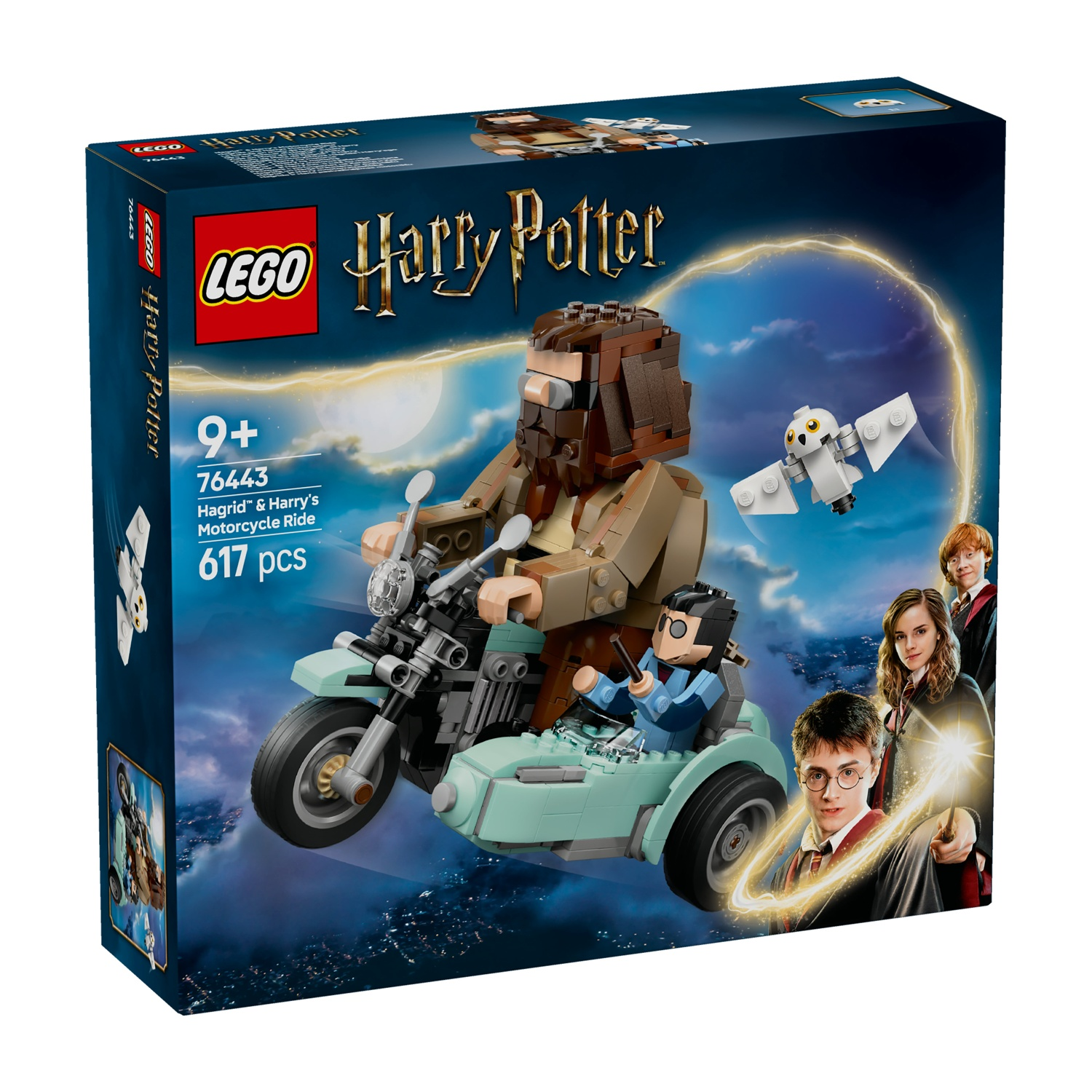 Scatola del set Lego Harry Potter. Mostra Hagrid e Harry su una moto. Sono presenti anche altri personaggi.