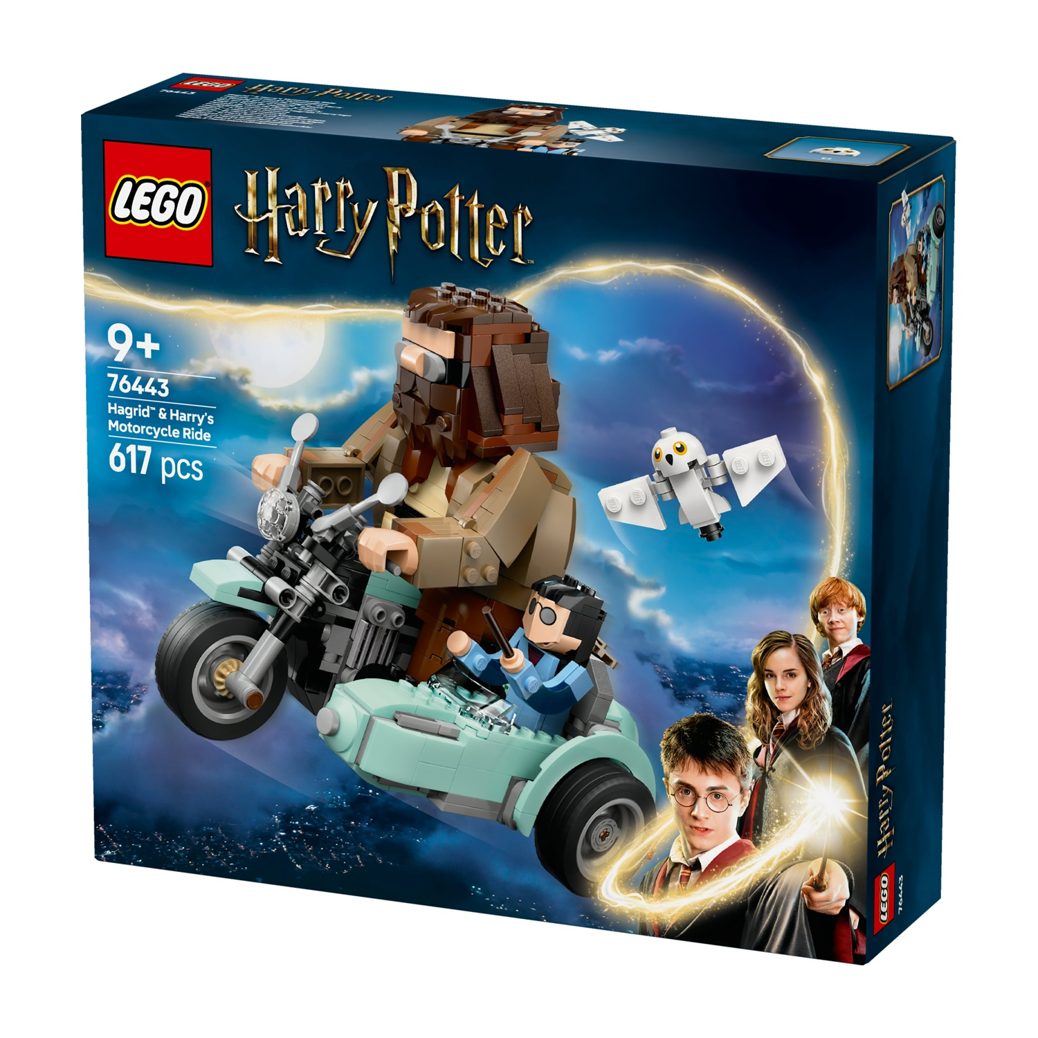 Scatola del set Lego Harry Potter. Hagrid in moto con Harry. Include un gufo e i personaggi principali.