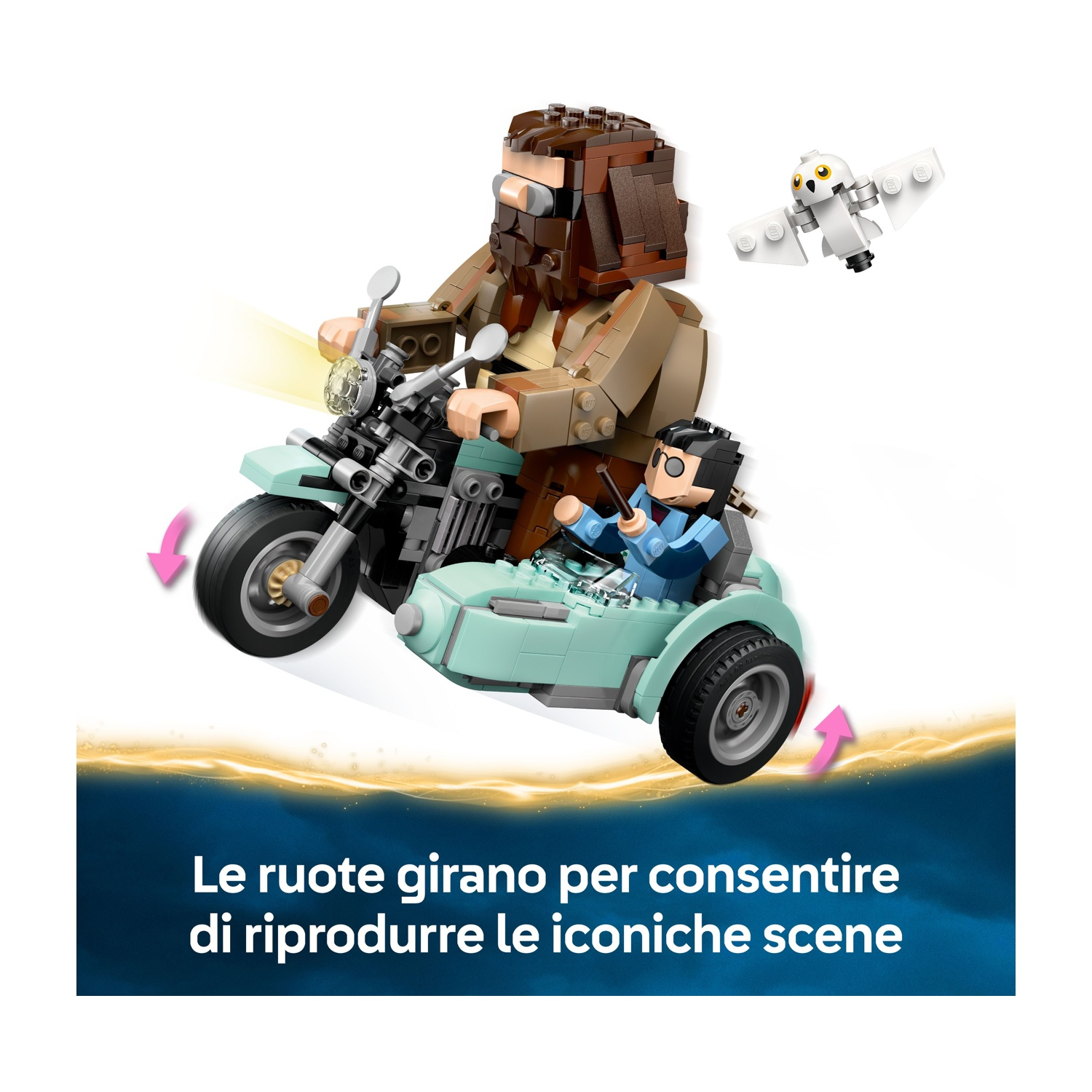 Set Lego con moto e sidecar. Include figure di Hagrid, Harry Potter e un gufo bianco. Le ruote girano.