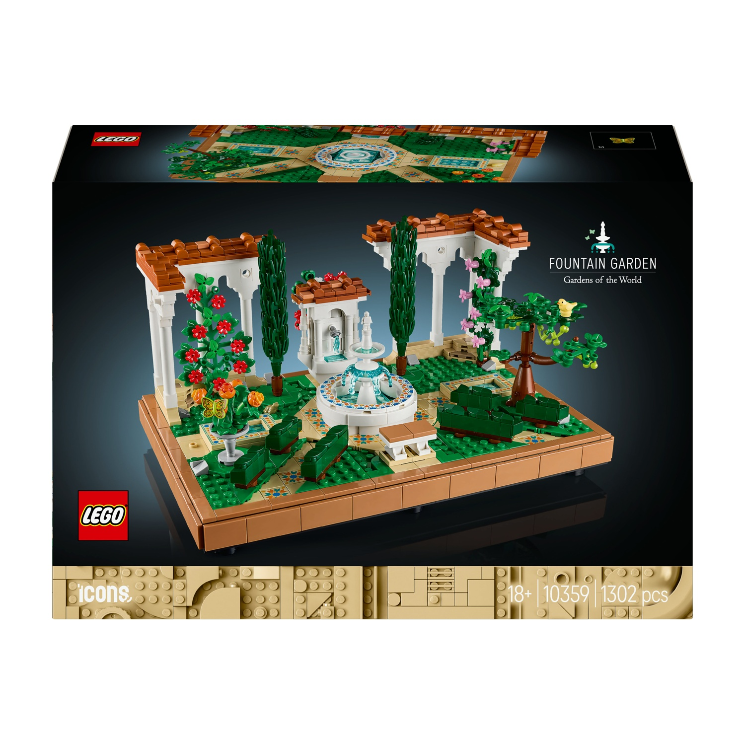 Scatola del set Lego di un giardino con fontana. La scena mostra una fontana bianca, alberi e archi. La scatola mostra il logo Lego.