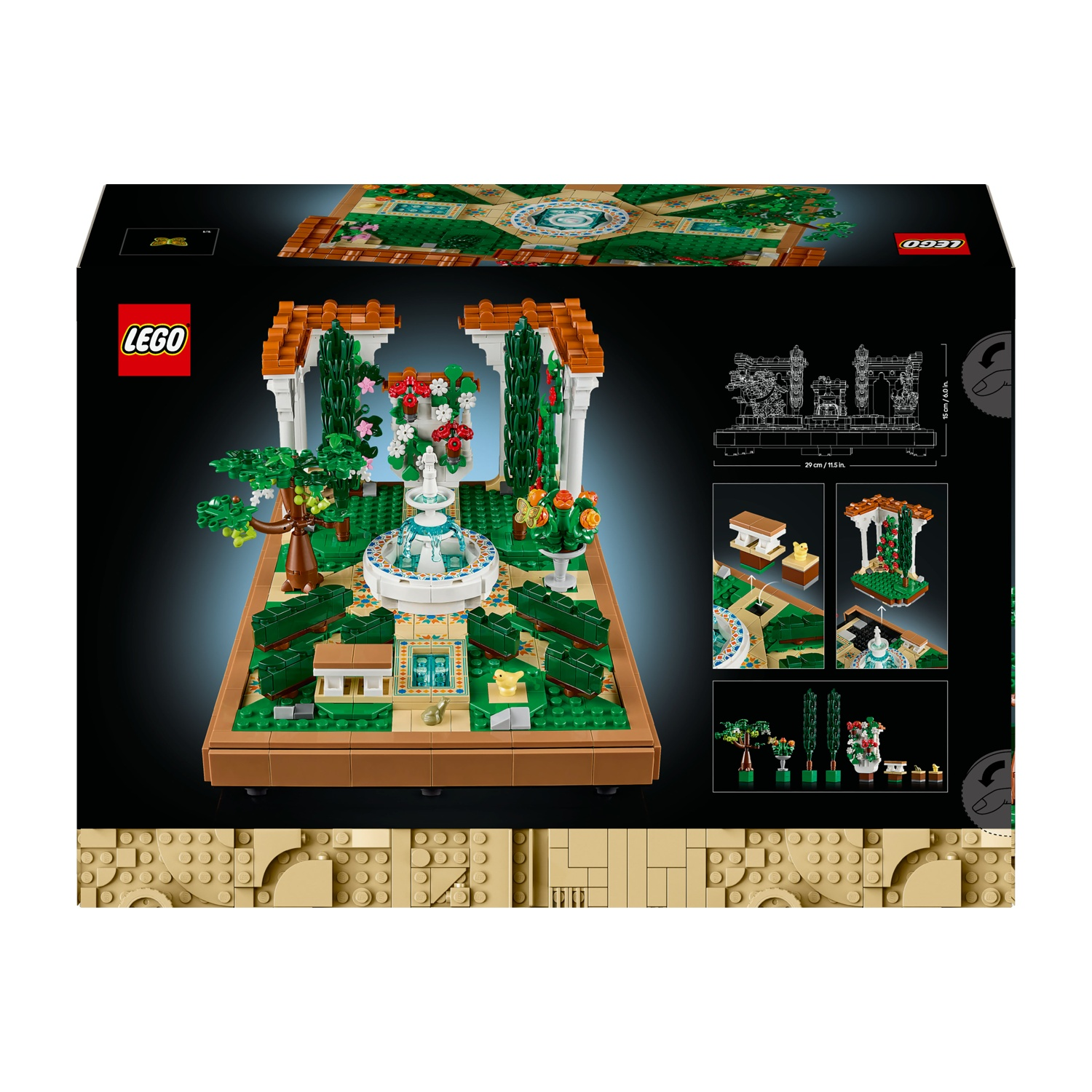 Set Lego raffigurante una scena di giardino con una fontana, alberi, fiori e archi, tutti realizzati con mattoncini Lego. È mostrata la confezione.