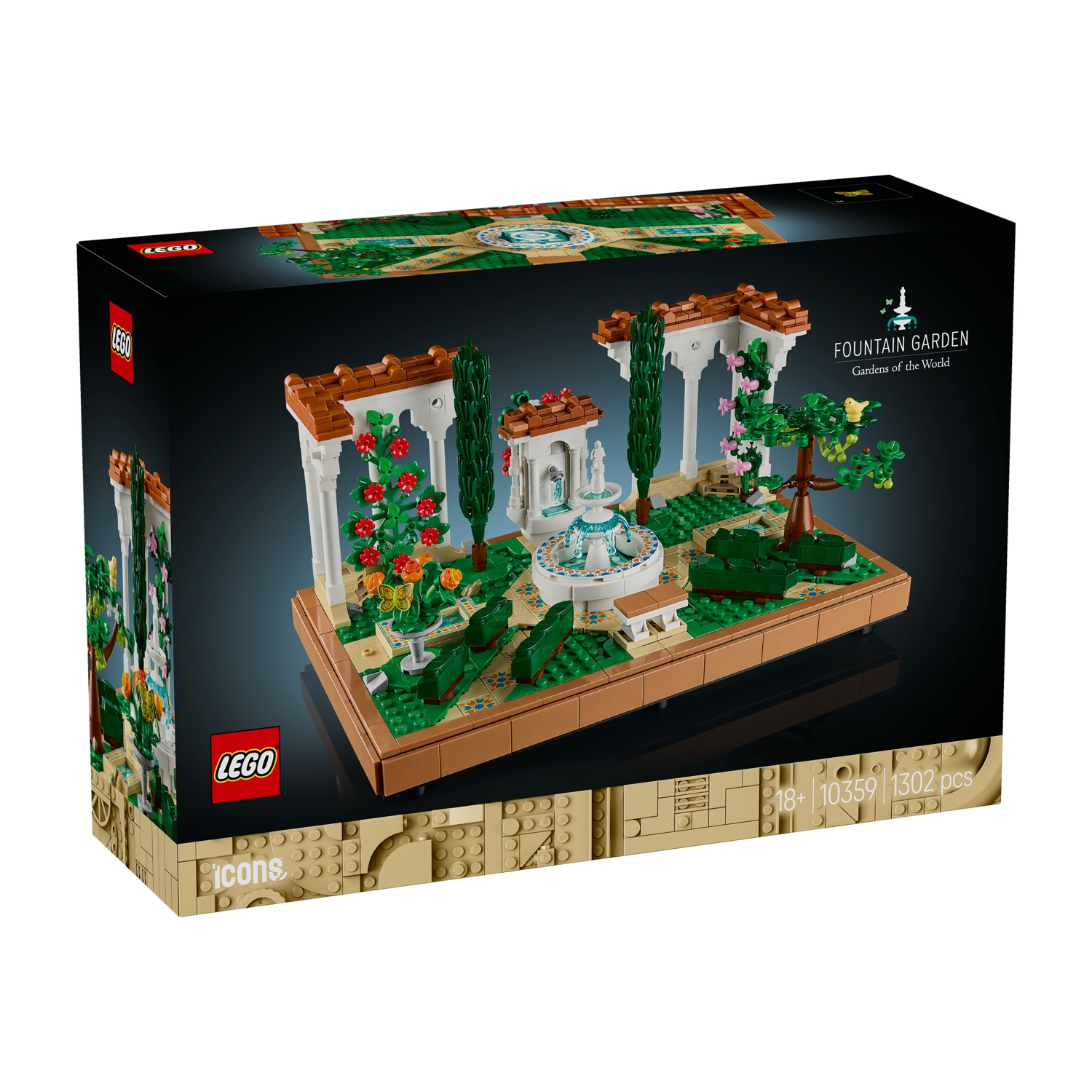 La scatola Lego mostra un modello di giardino con fontana. Presenta una fontana, alberi e archi. La scatola ha il logo Lego e 'Fountain Garden'.