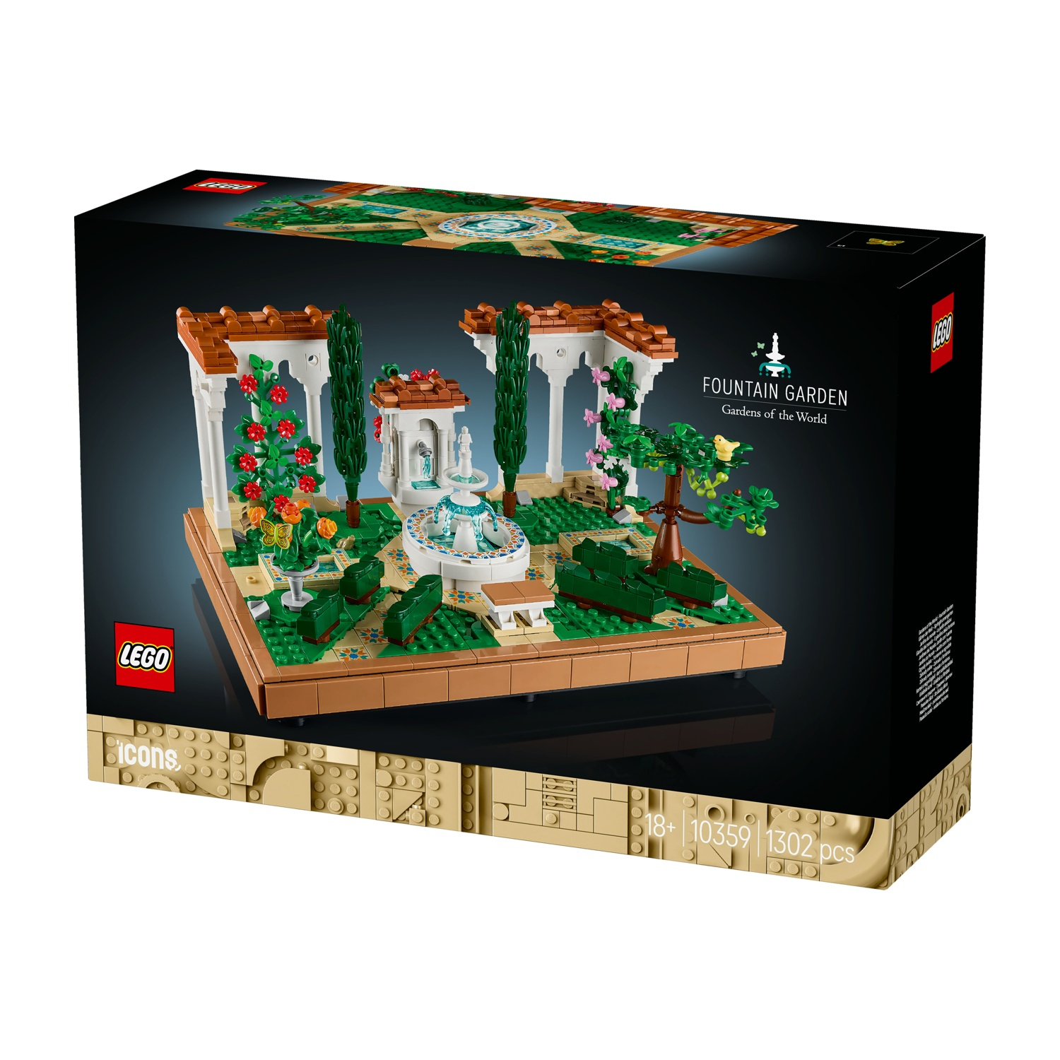 Scatola del set Lego che mostra un giardino con fontana. La scatola mostra il modello costruito con fontana, archi, alberi e vegetazione.