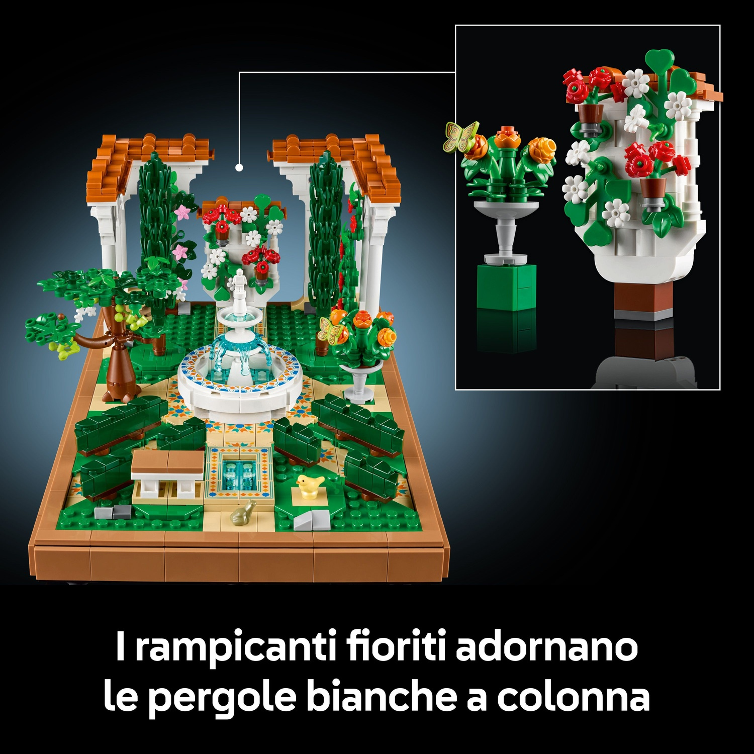 Una scena di giardino Lego con fontana, pergole bianche e vari fiori. Dettaglio ravvicinato dei fiori.